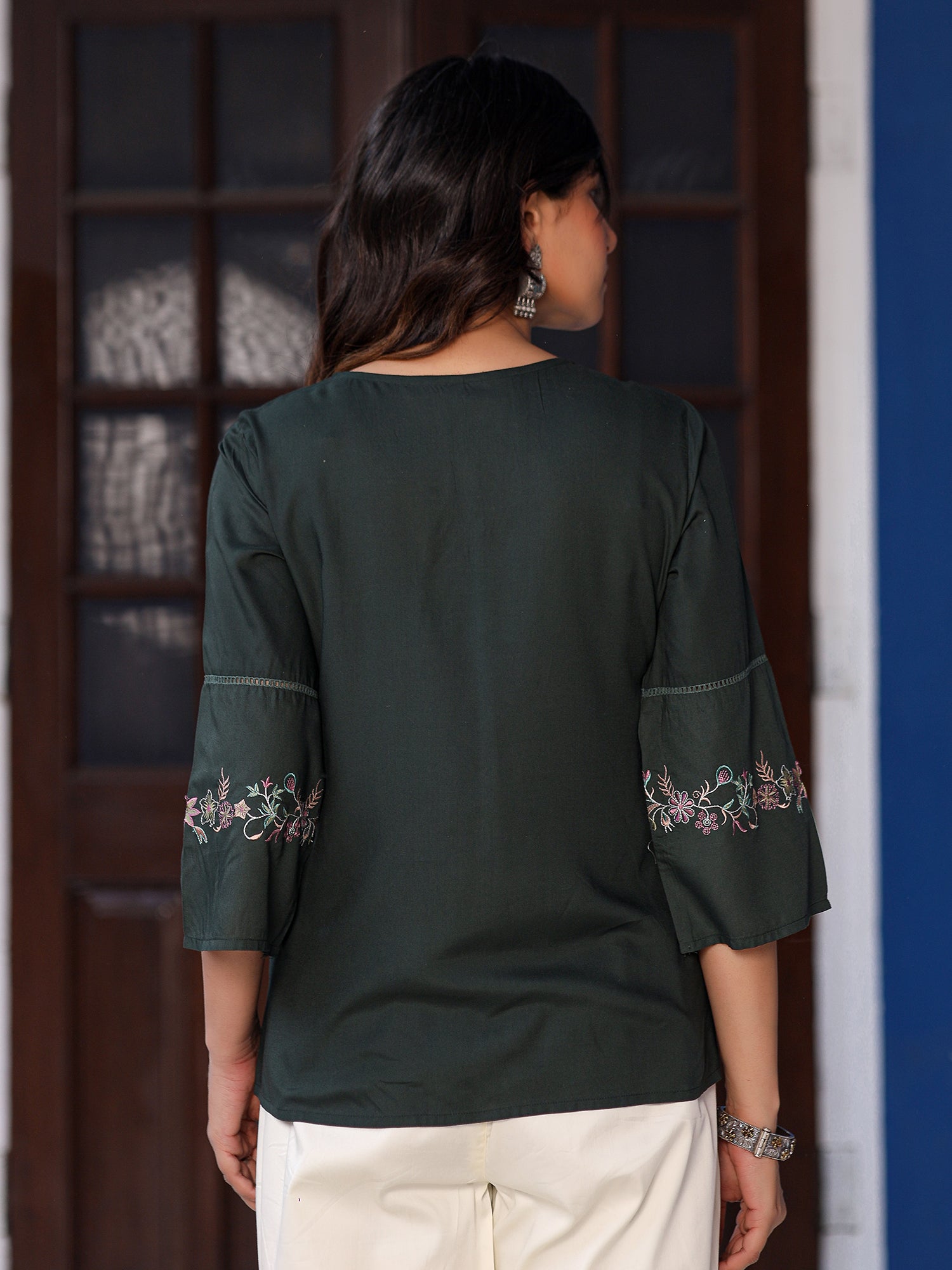 Juniper Green Floral Printed Modal Rayon Tunic With thread Work Embroidery