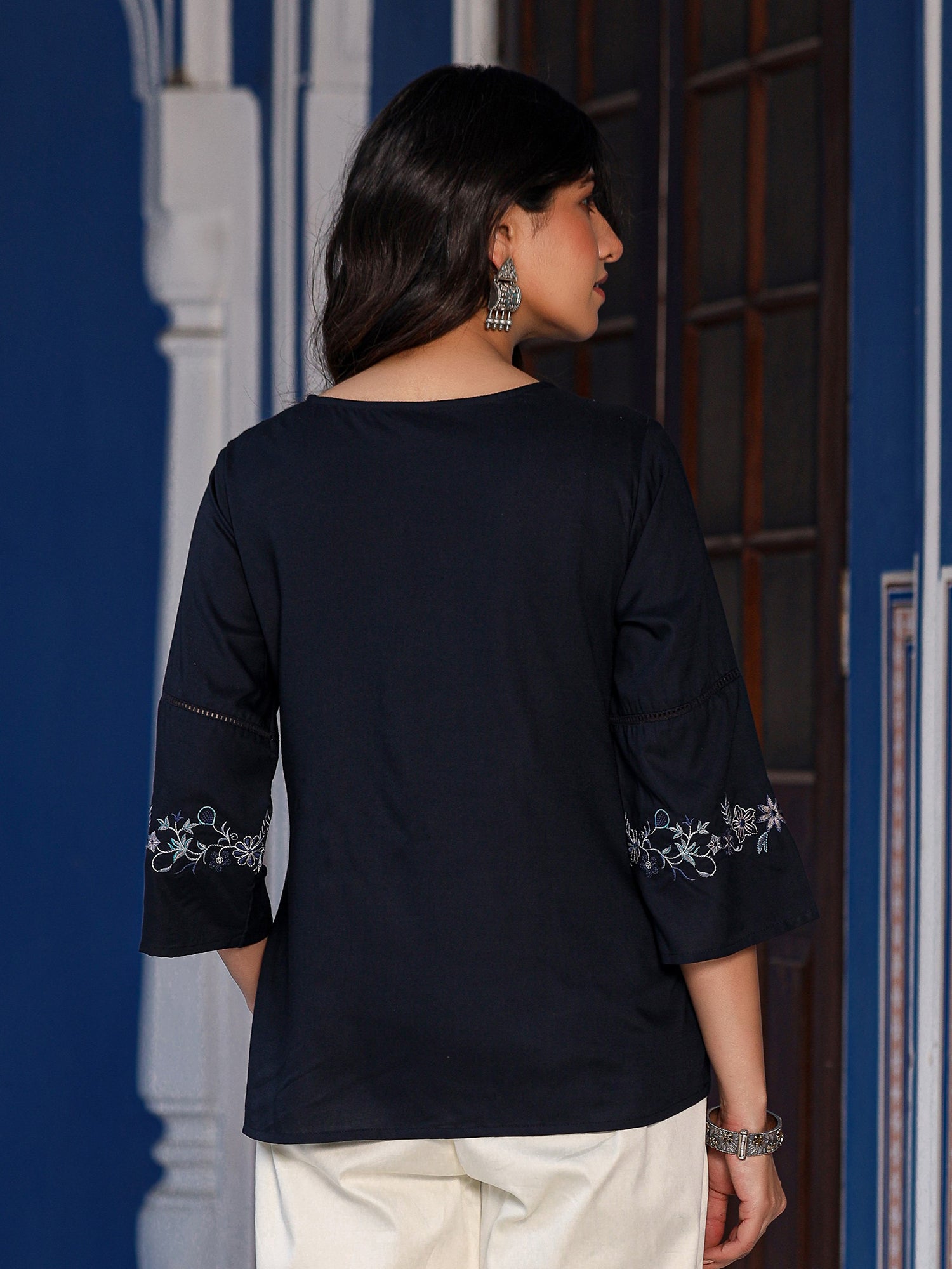 Navy Blue Rayon Solid with Embroidered Tunic