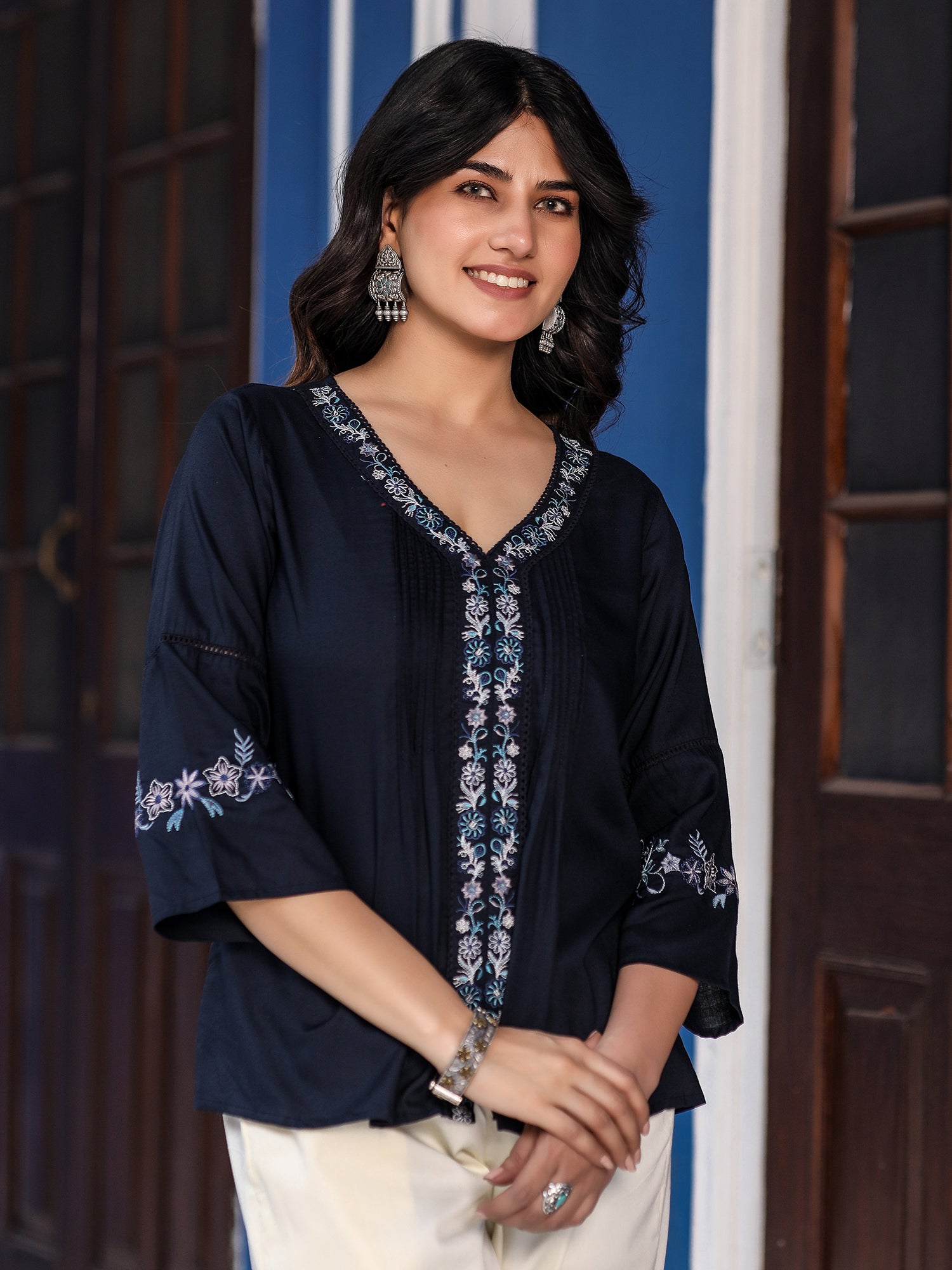 Navy Blue Rayon Solid with Embroidered Tunic