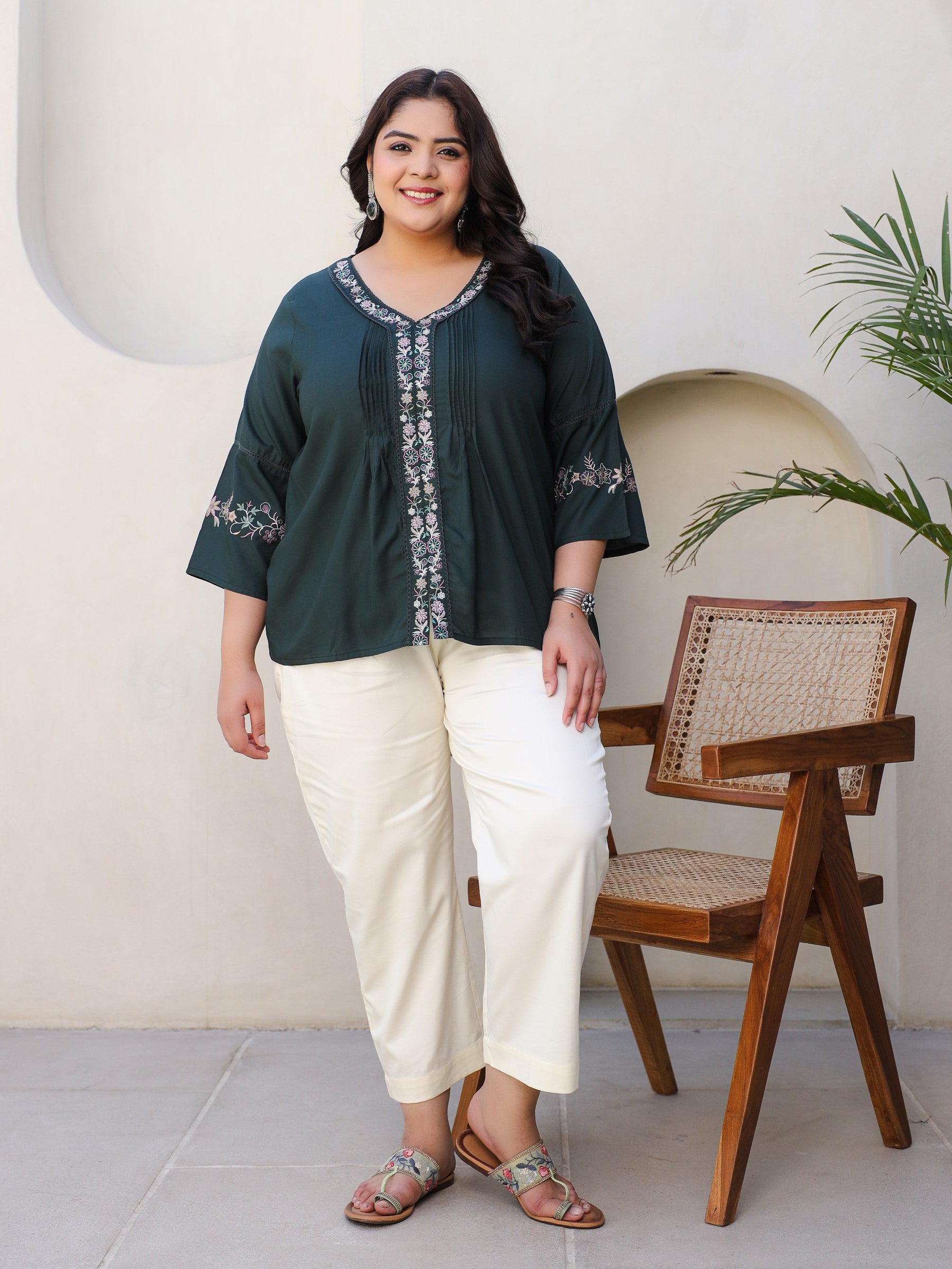 Juniper Green Modal Rayon Embroidered Plus Size Tunic With Pintucks At Front