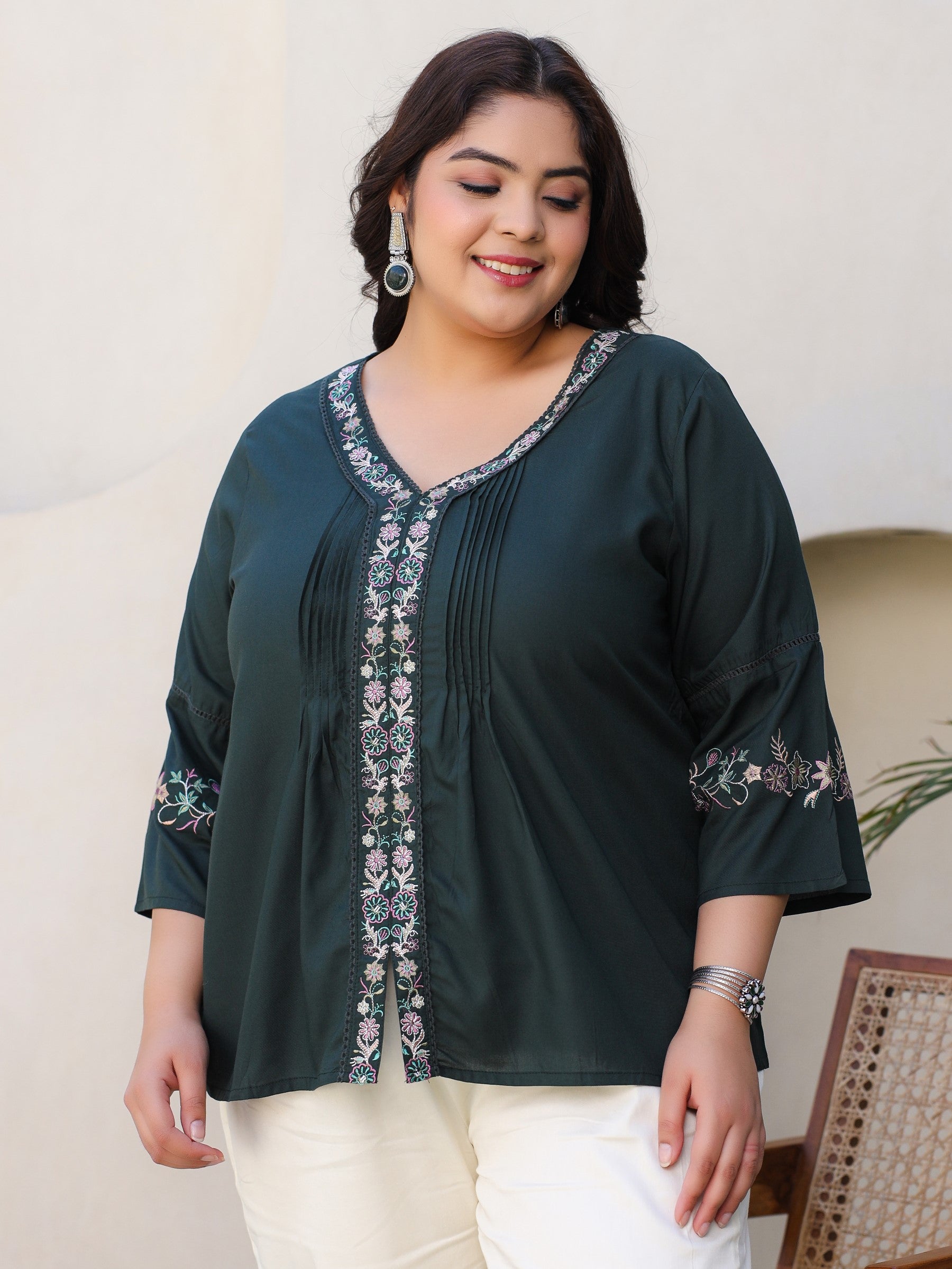 Juniper Green Modal Rayon Embroidered Plus Size Tunic With Pintucks At Front