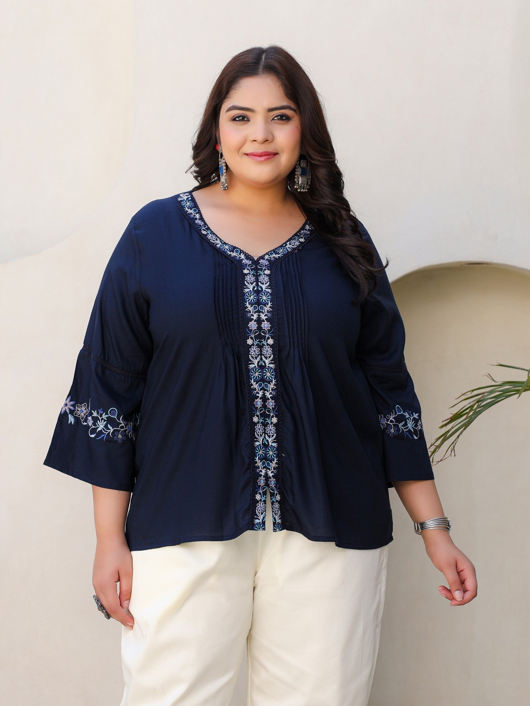 Juniper Navy Blue Modal Rayon Floral Embroidered Plus Size Tunic With Pintucks At Front