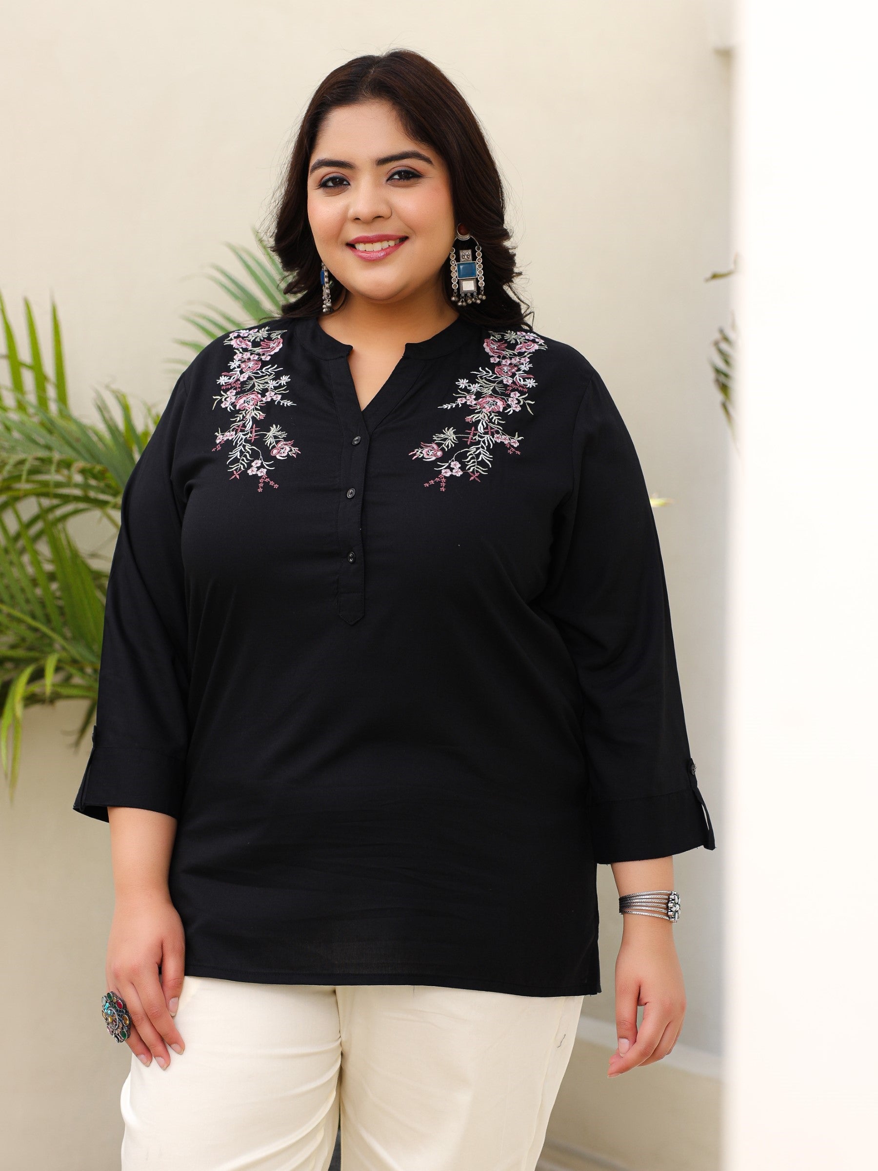 Juniper Black Rayon Plus Size Tunic With Thread Embroidery