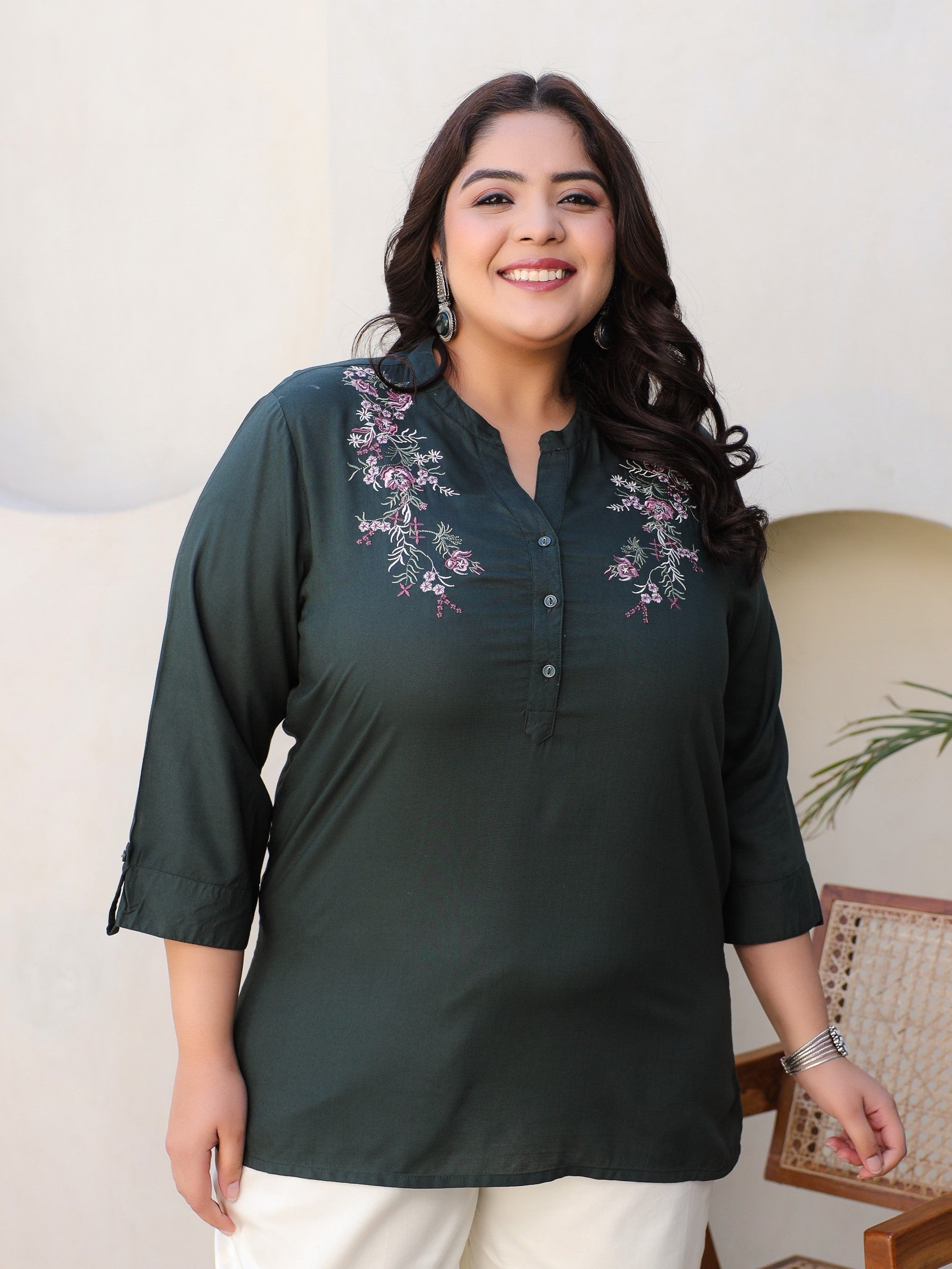 Juniper Green Modal Rayon Floral Embroidered Plus Size Tunic With Half Placket