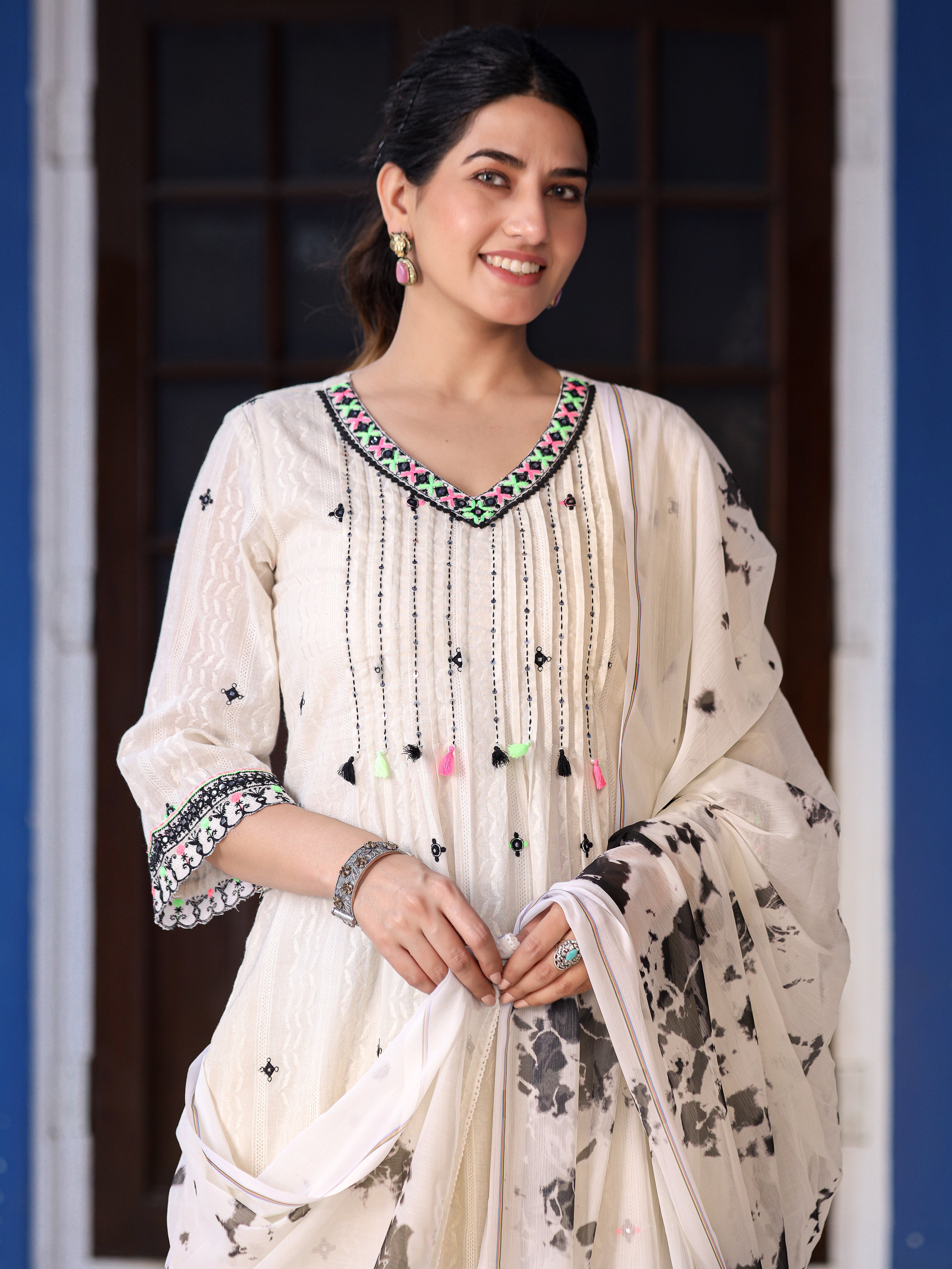 Juniper Off-White & Black Cotton Dobby Pleated Embroidered Kurta Palazzo & Dupatta Set