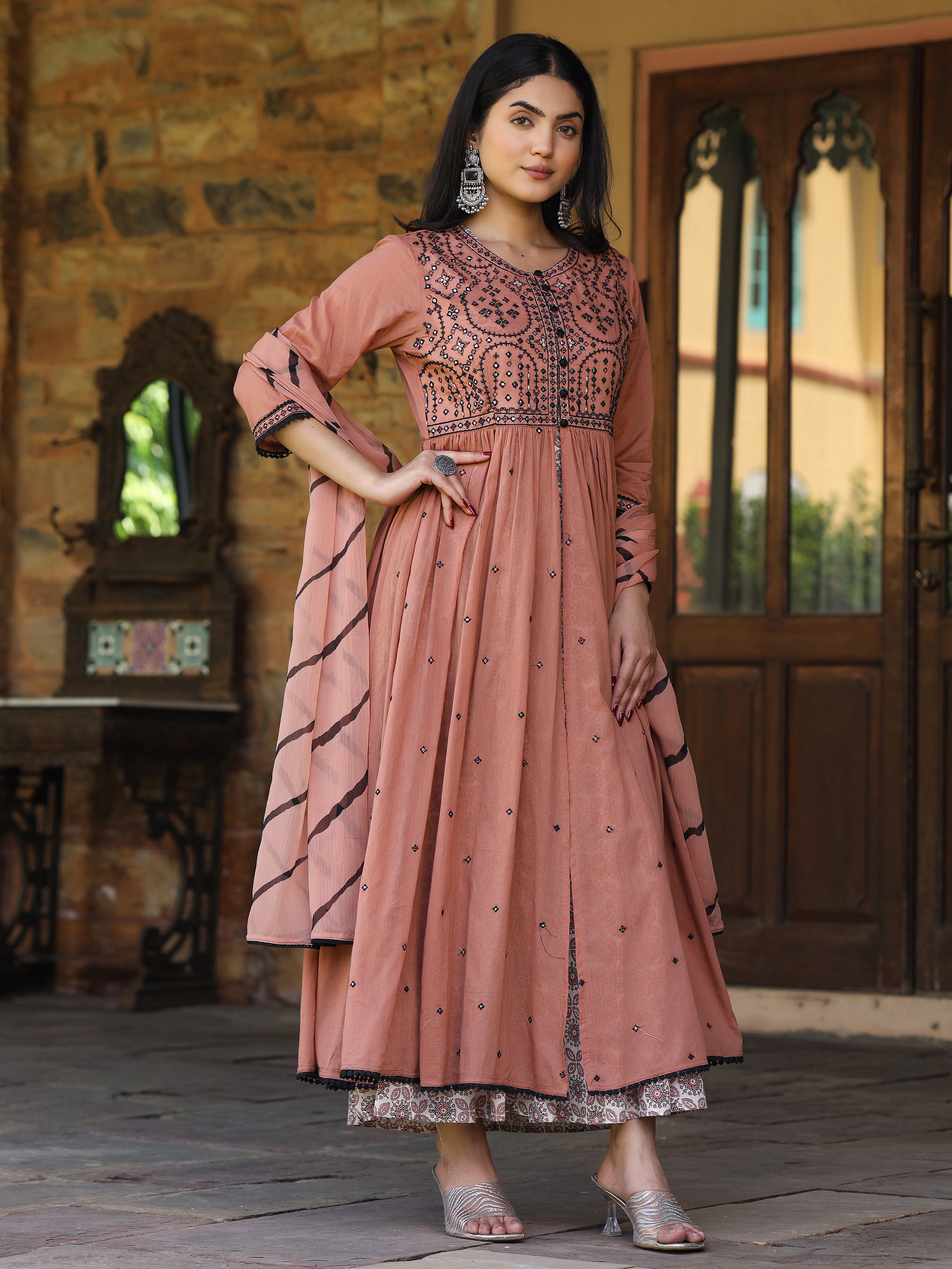 Juniper Onion Pink & Black Cotton  Embroidered Anarkali Dress With Jacket & Tie-Dye Dupatta