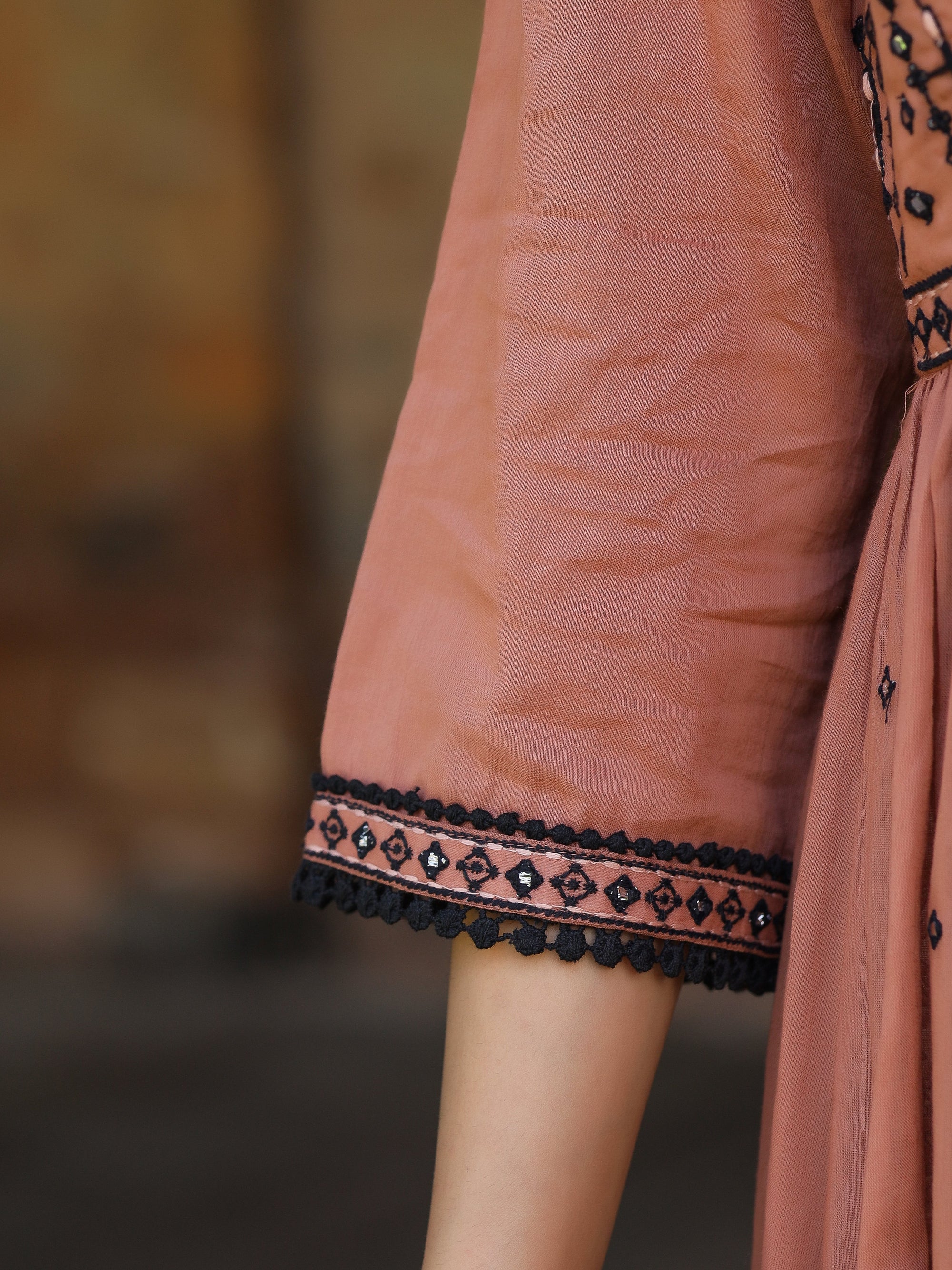 Onion Pink & Black Cotton Embroidered Anarkali Dress with Jacket