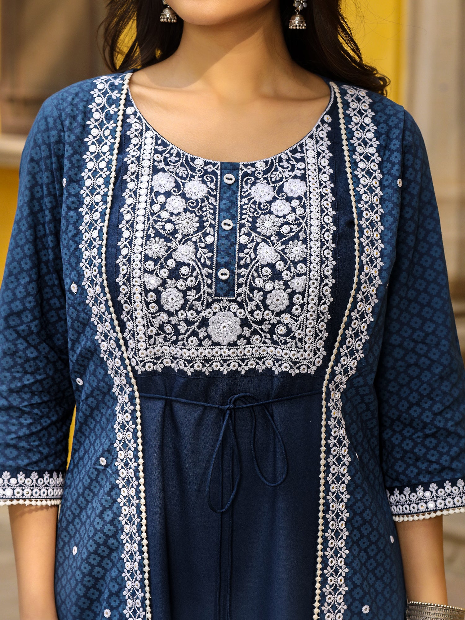 Blue Cotton Cambric Embroidered Jacket Style Kurta & Palazzo Set