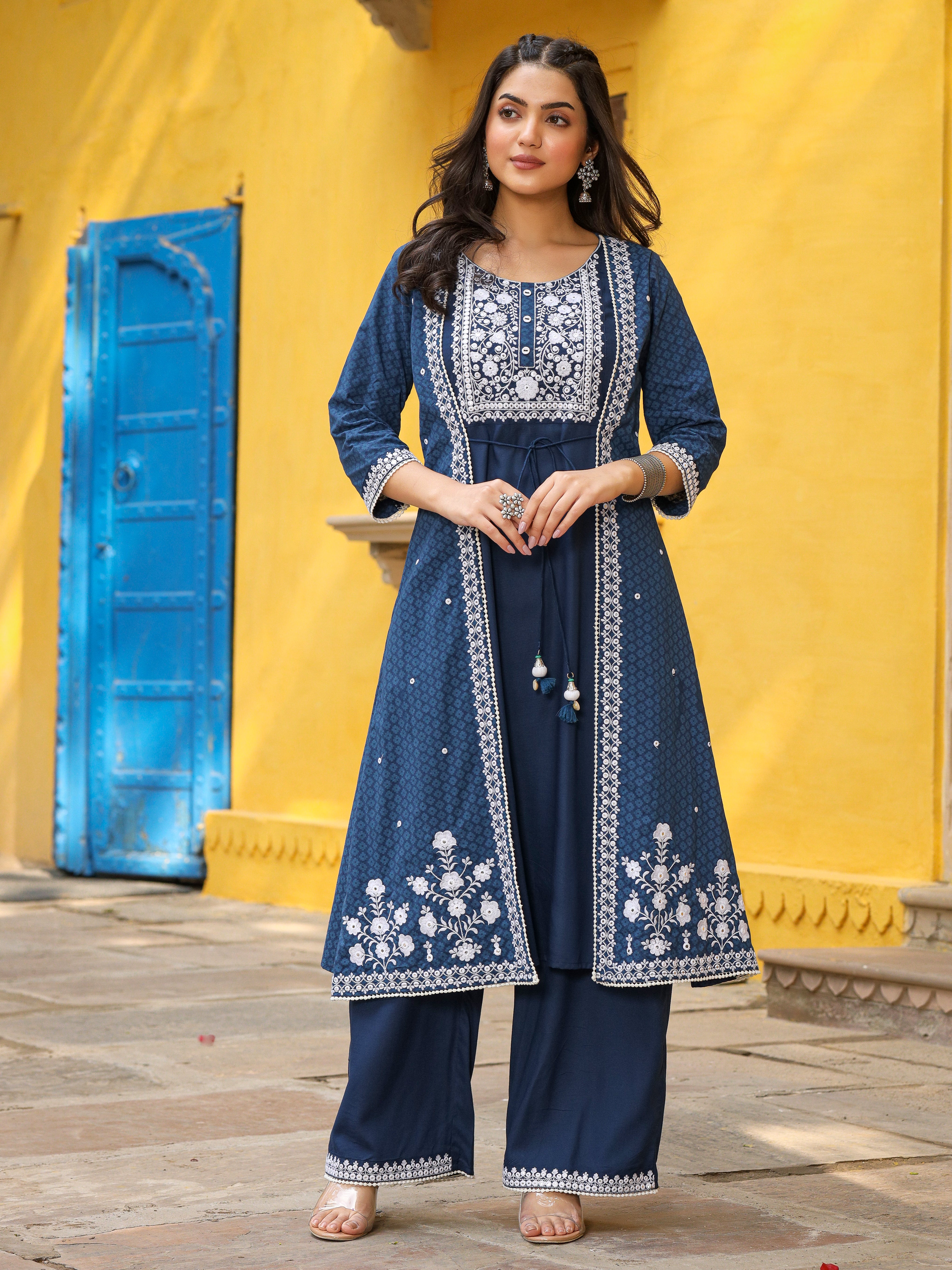 Juniper Blue Pure Cotton Thread Embroidered A-Line Layered Kurta Palazzo Set With Tie-Up At Front (2-Pcs)