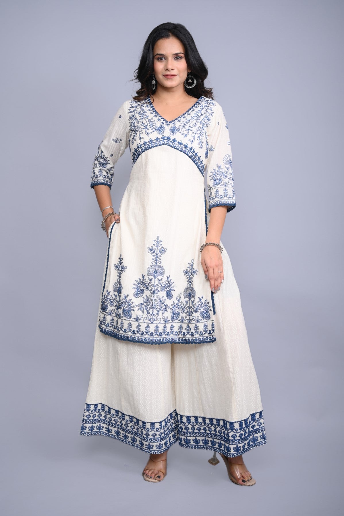 White Cotton Dobby Embroidered Short Kurta Palazzo & Chiffon Dupatta