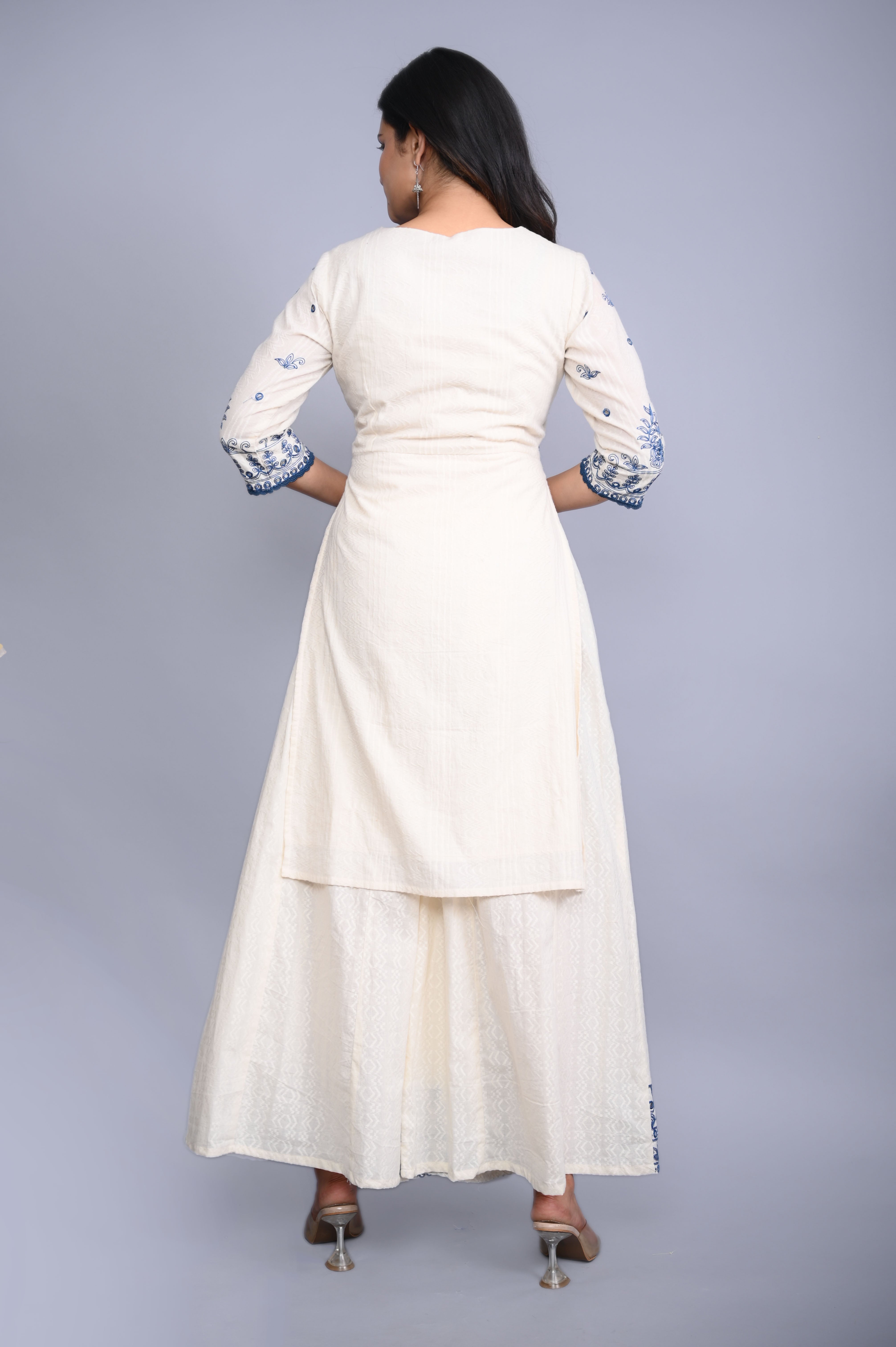 White Cotton Dobby Embroidered Short Kurta Palazzo & Chiffon Dupatta