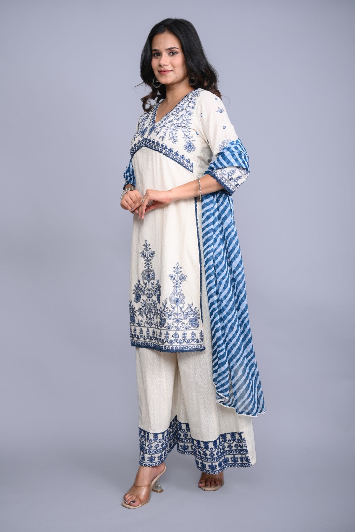 White Cotton Dobby Embroidered Short Kurta Palazzo & Chiffon Dupatta