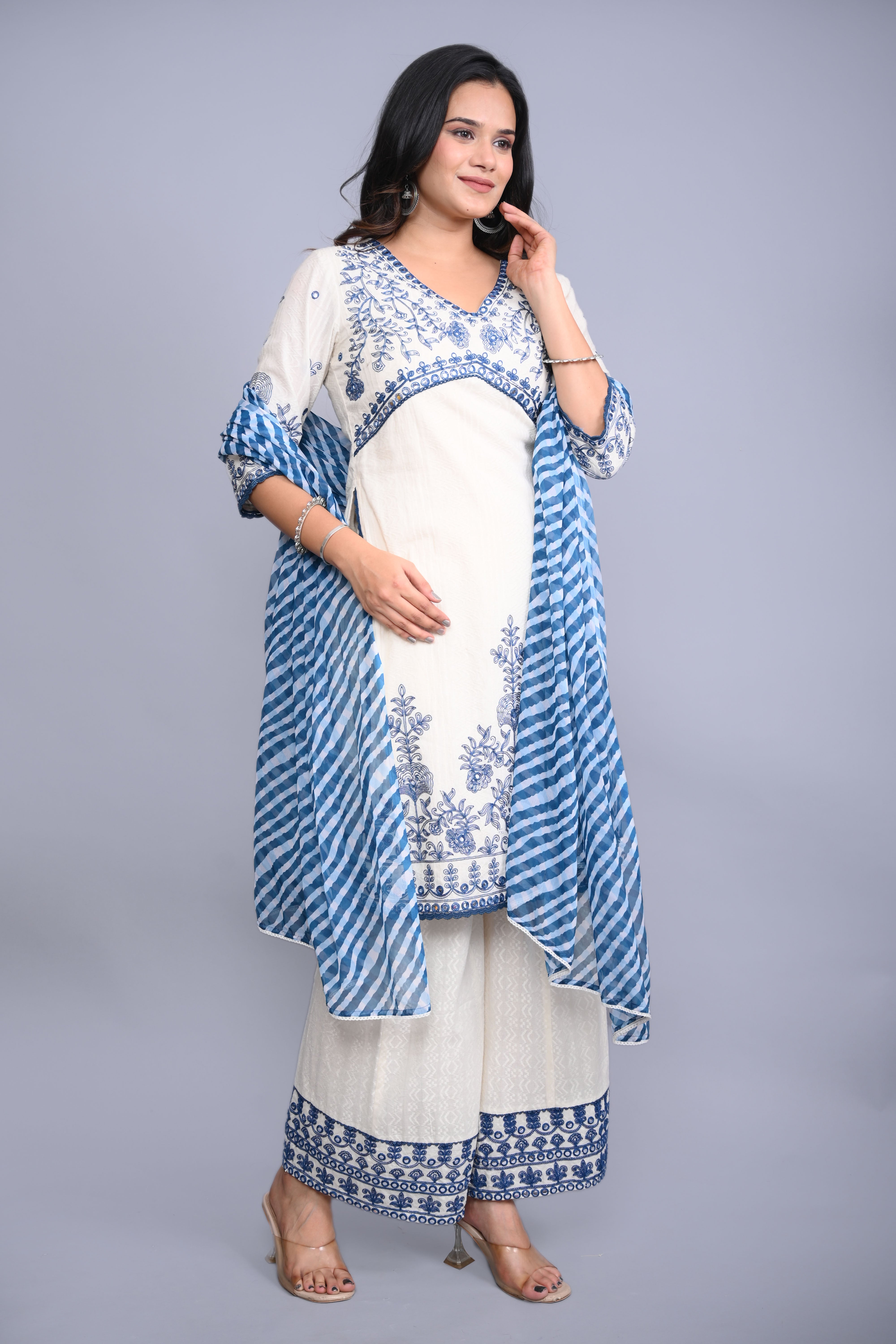 White Cotton Dobby Embroidered Short Kurta Palazzo & Chiffon Dupatta