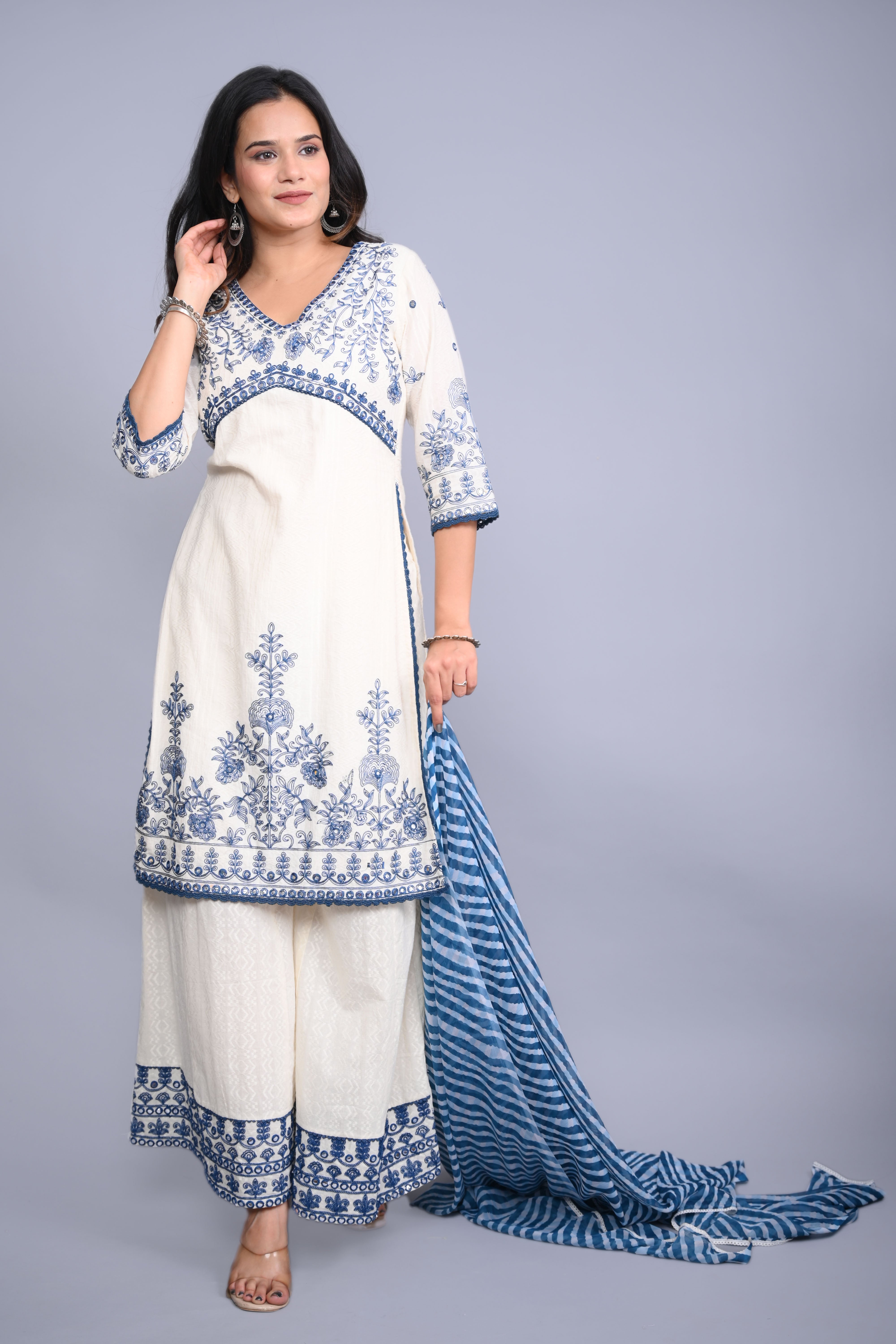 White Cotton Dobby Embroidered Short Kurta Palazzo & Chiffon Dupatta