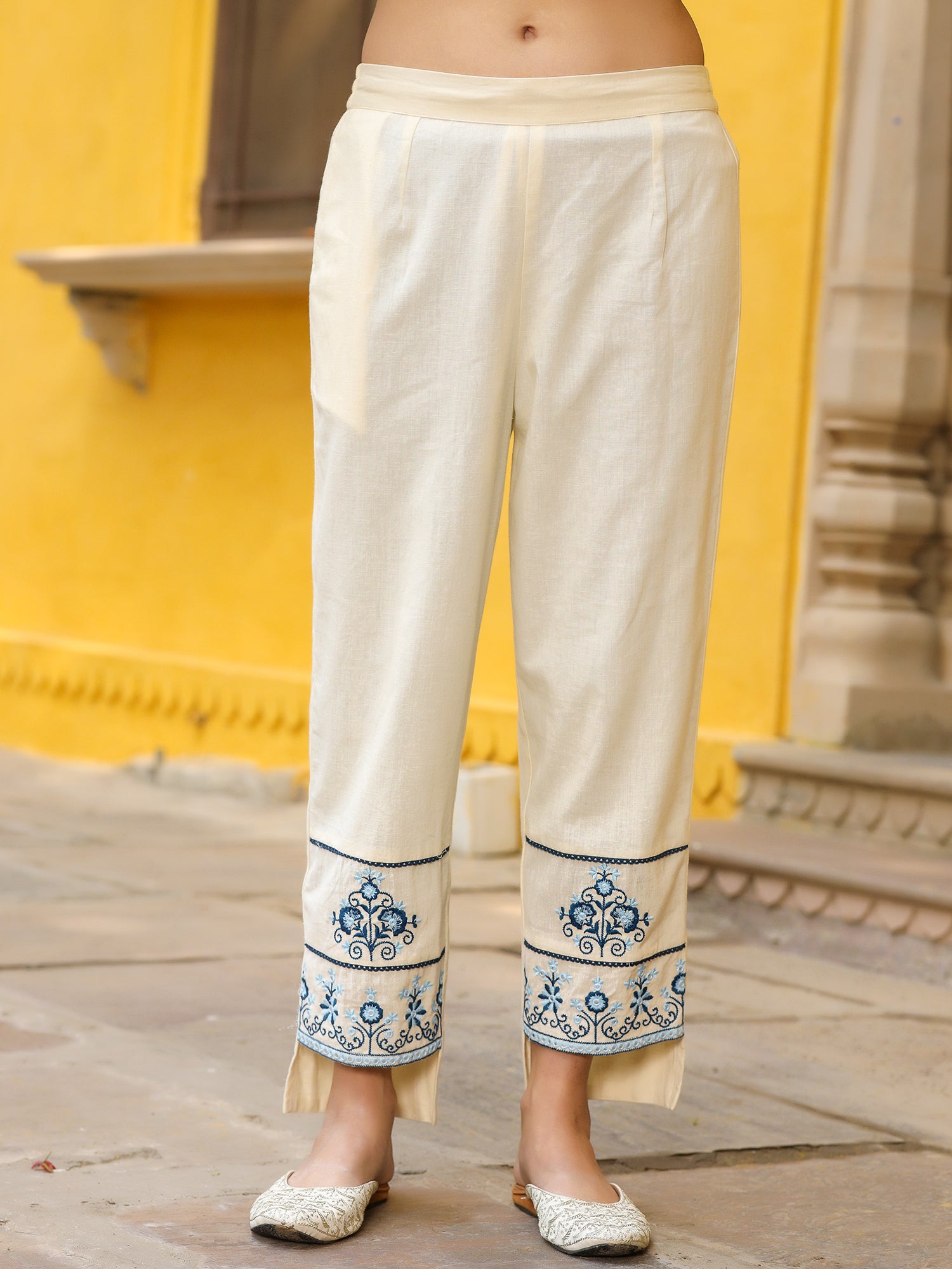 White Cotton Dobby Embroidered Kurta, Pants & Dupatta Set