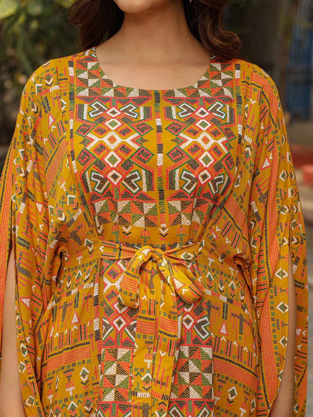 Juniper The Crafted Geometrics Mustard Ikat Printed Rayon Kaftan Dress