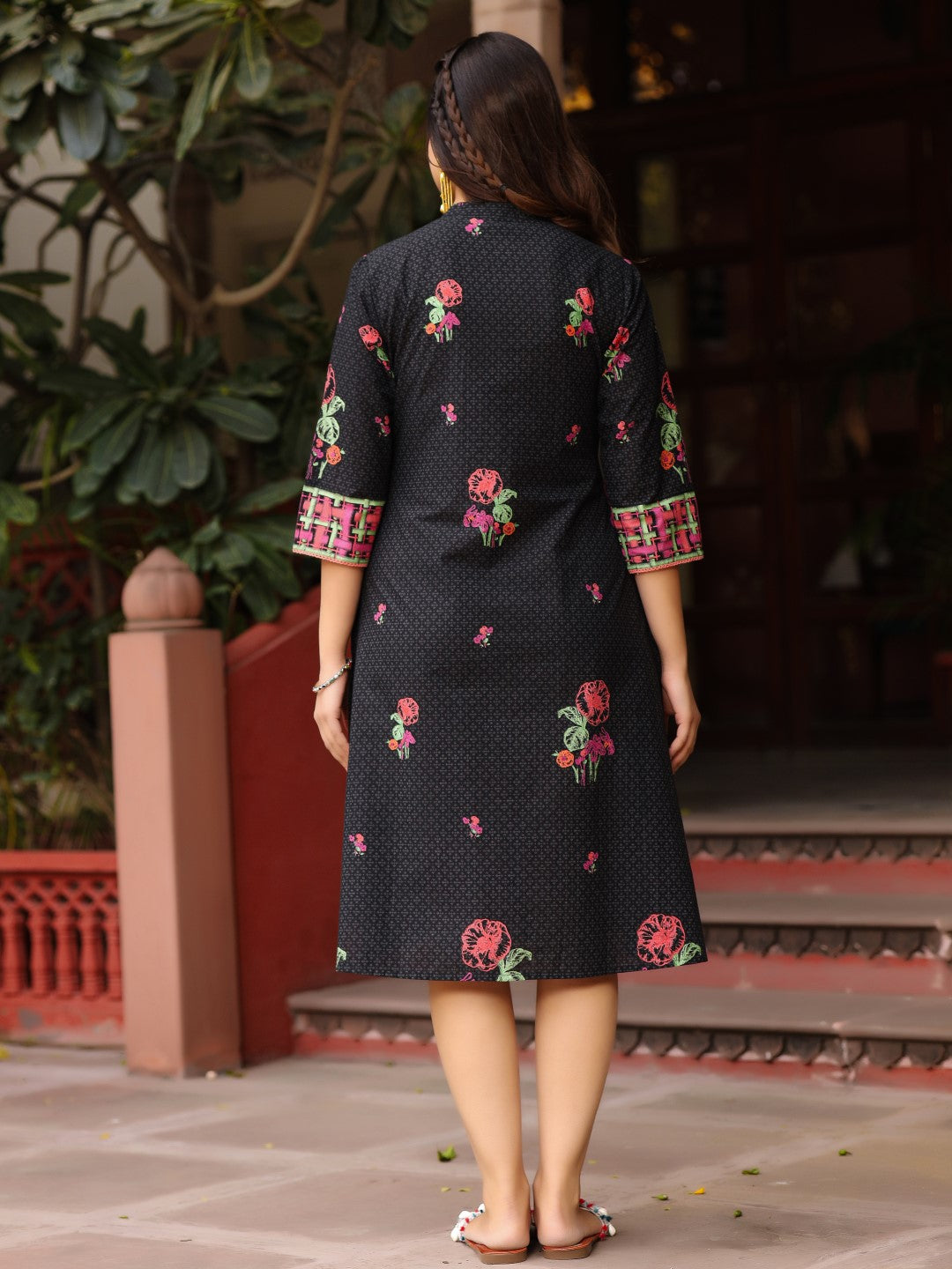 Juniper Black Floral Printed A-Line Pleated Cotton Dress With Kantha Work & Tassels