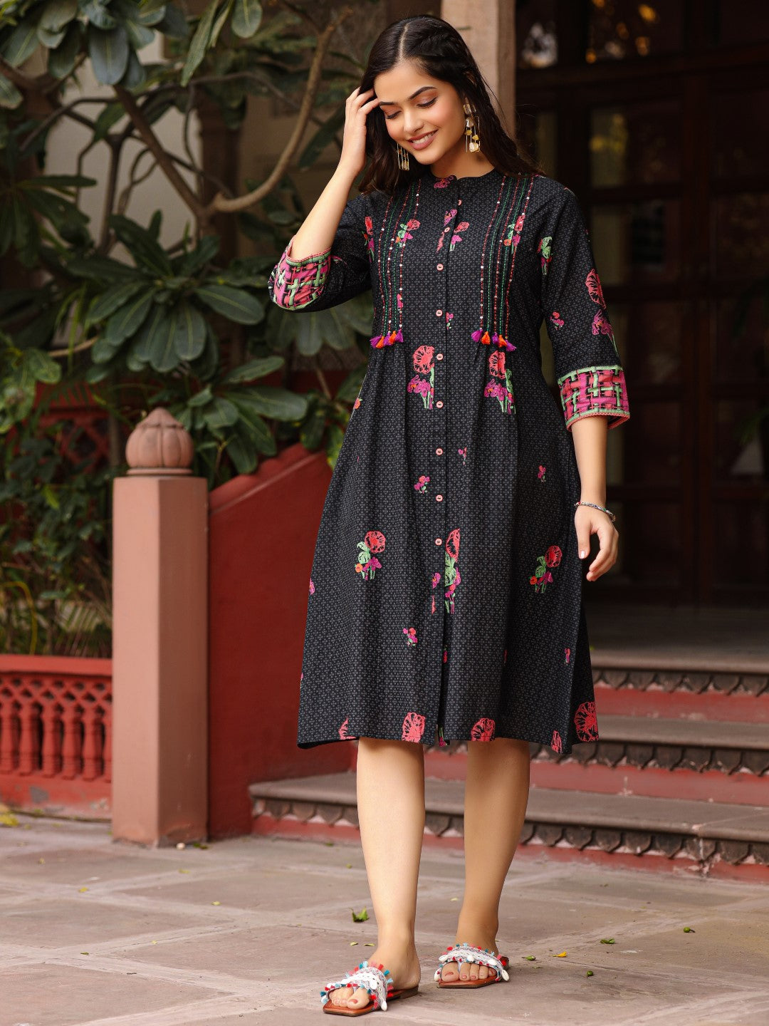 Juniper Black Floral Printed A-Line Pleated Cotton Dress With Kantha Work & Tassels