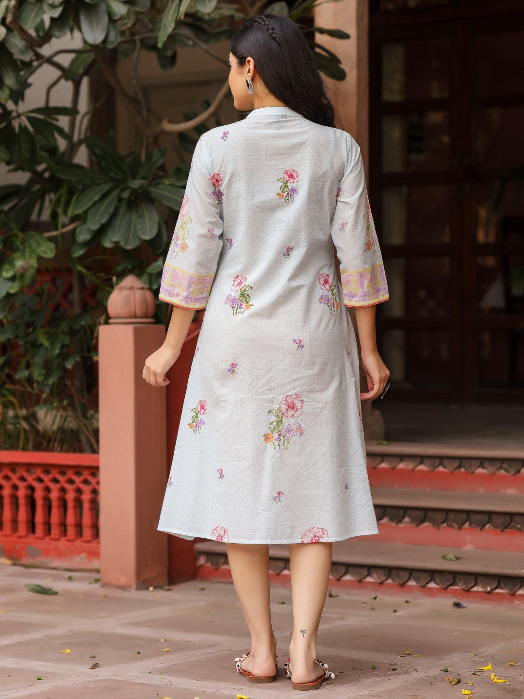Mint Cotton Cambric Floral Printed A-Line Dress