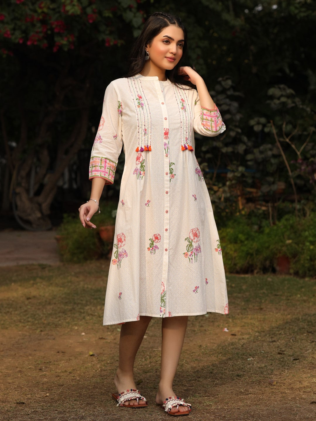 Juniper White Floral Printed A-Line Pleated Cotton Dress With Kantha Work & Tassels