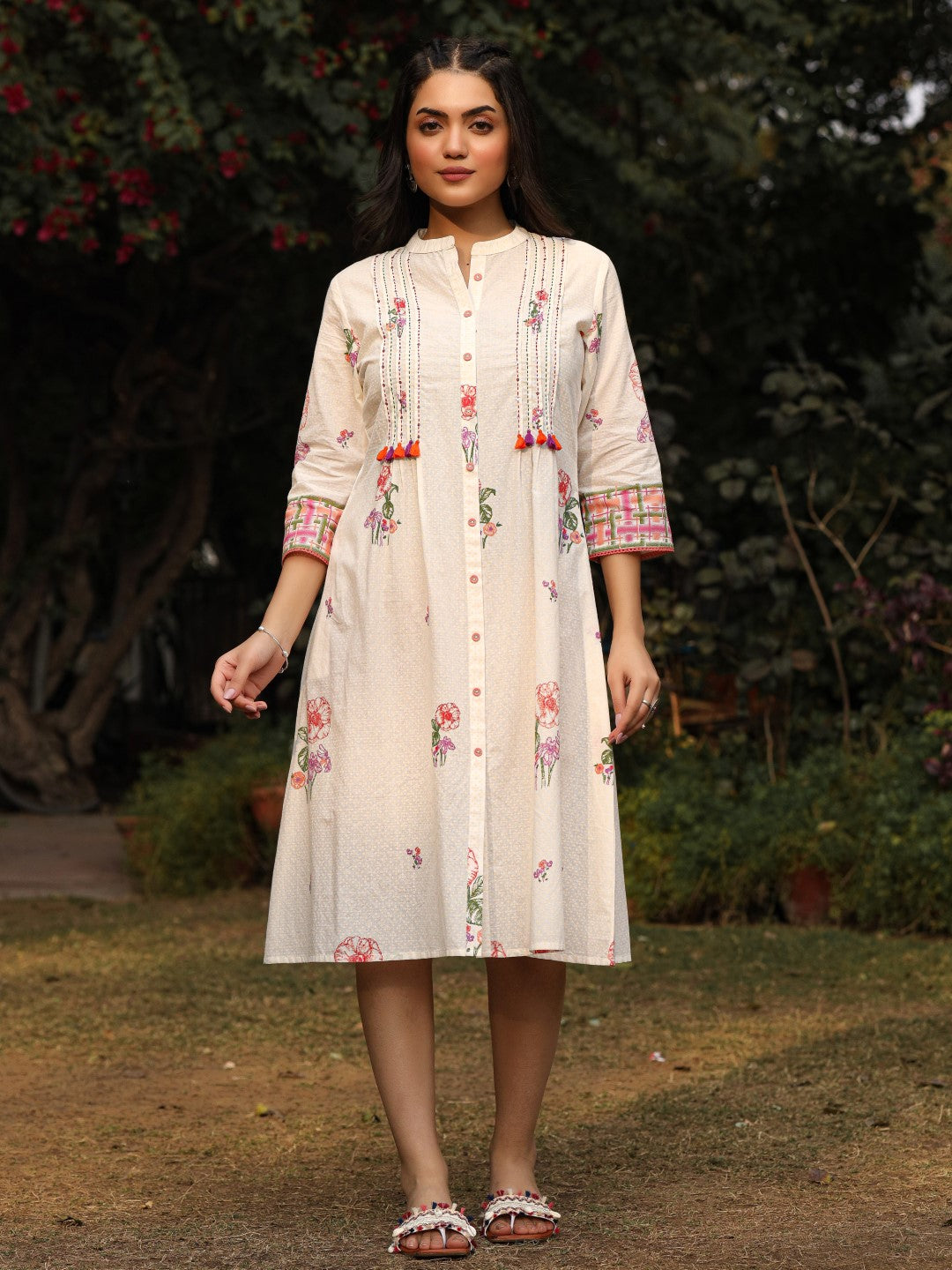 Juniper White Floral Printed A-Line Pleated Cotton Dress With Kantha Work & Tassels