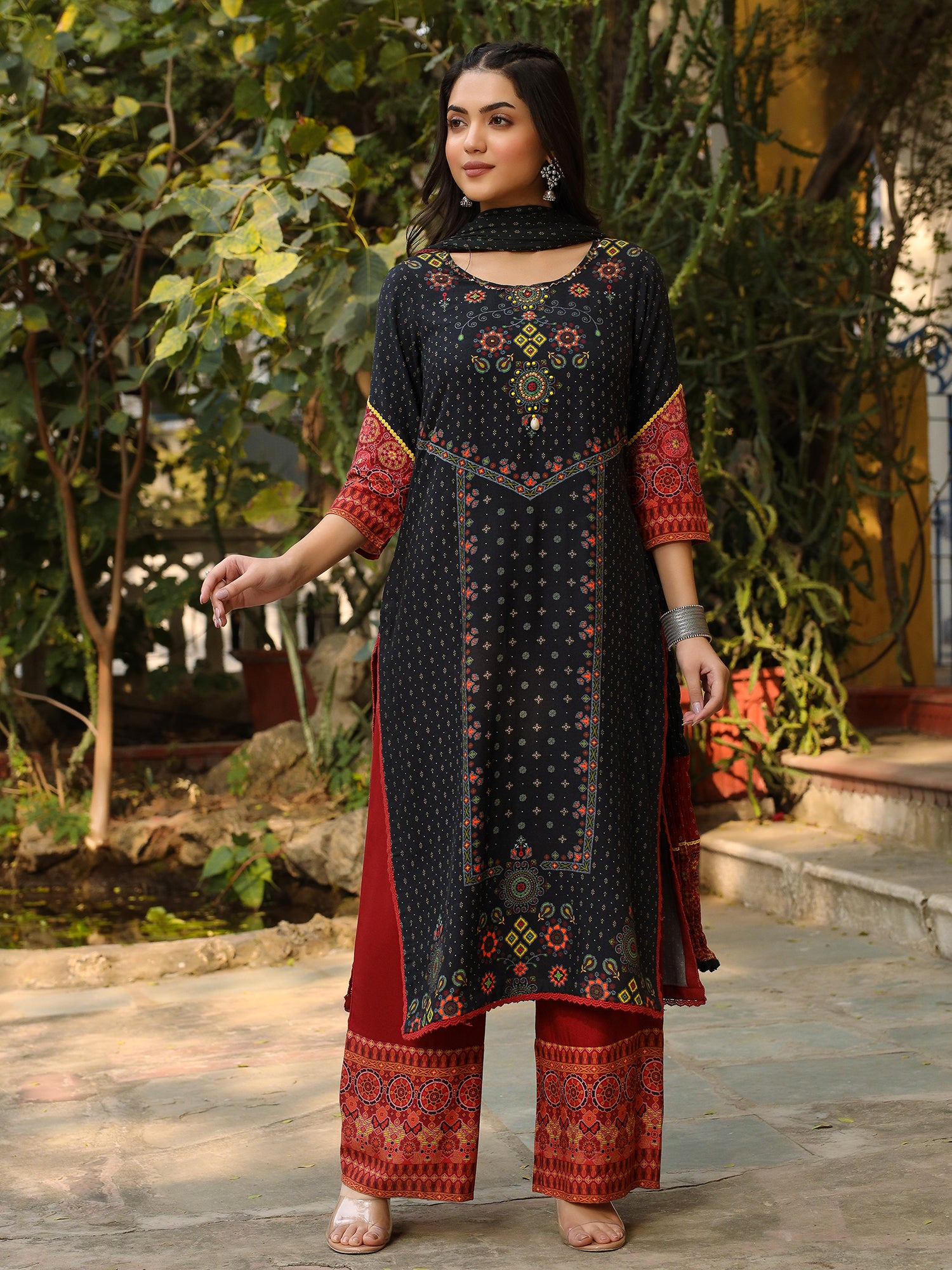 Juniper Black Ethnic Motif Placement Printed Rayon Kurta With Pant And Dupatta With Bead & Sequence Work