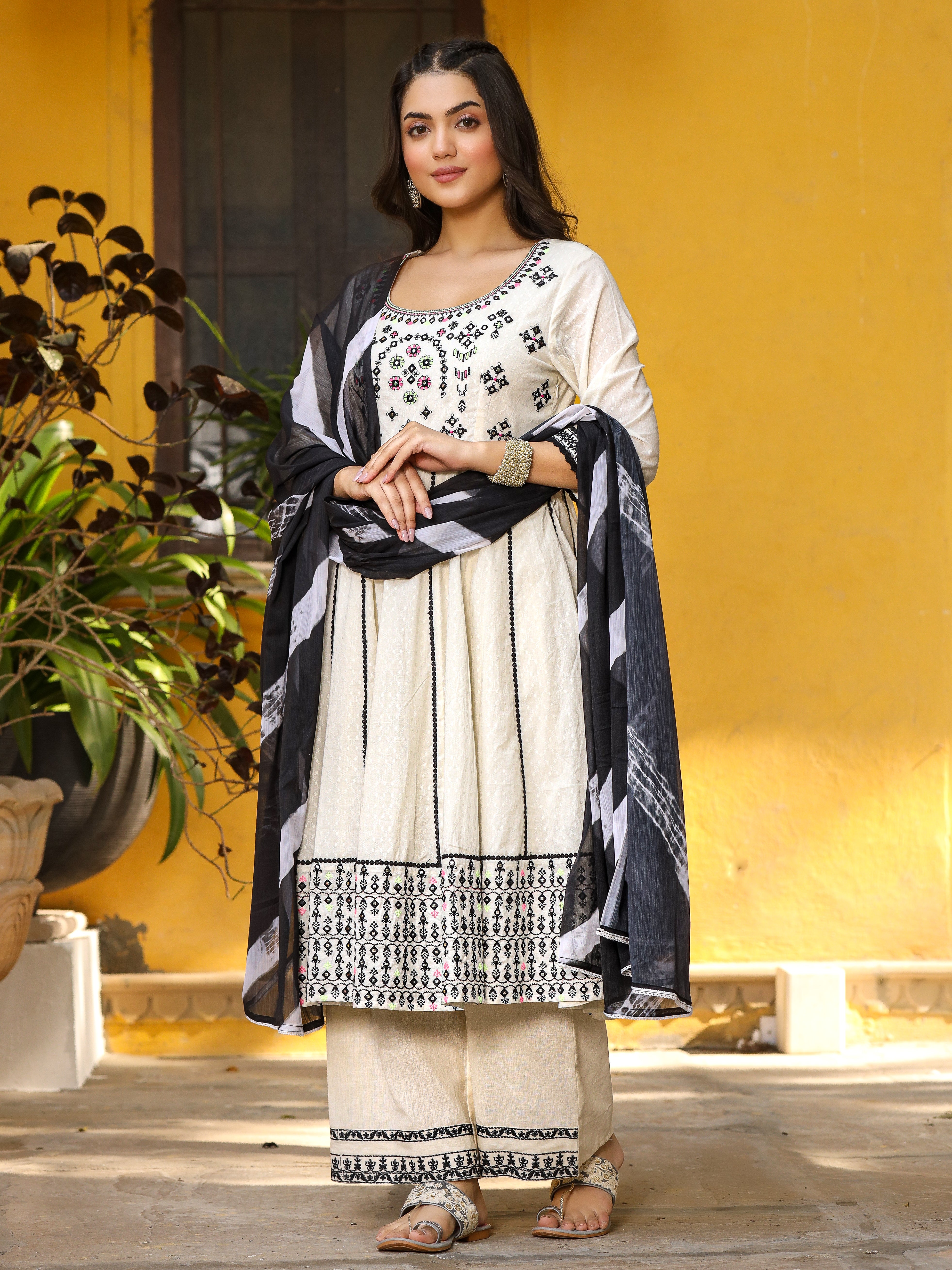 Juniper Black & White Cotton Embroidered Anarkali Kurta Pants & Dupatta Set