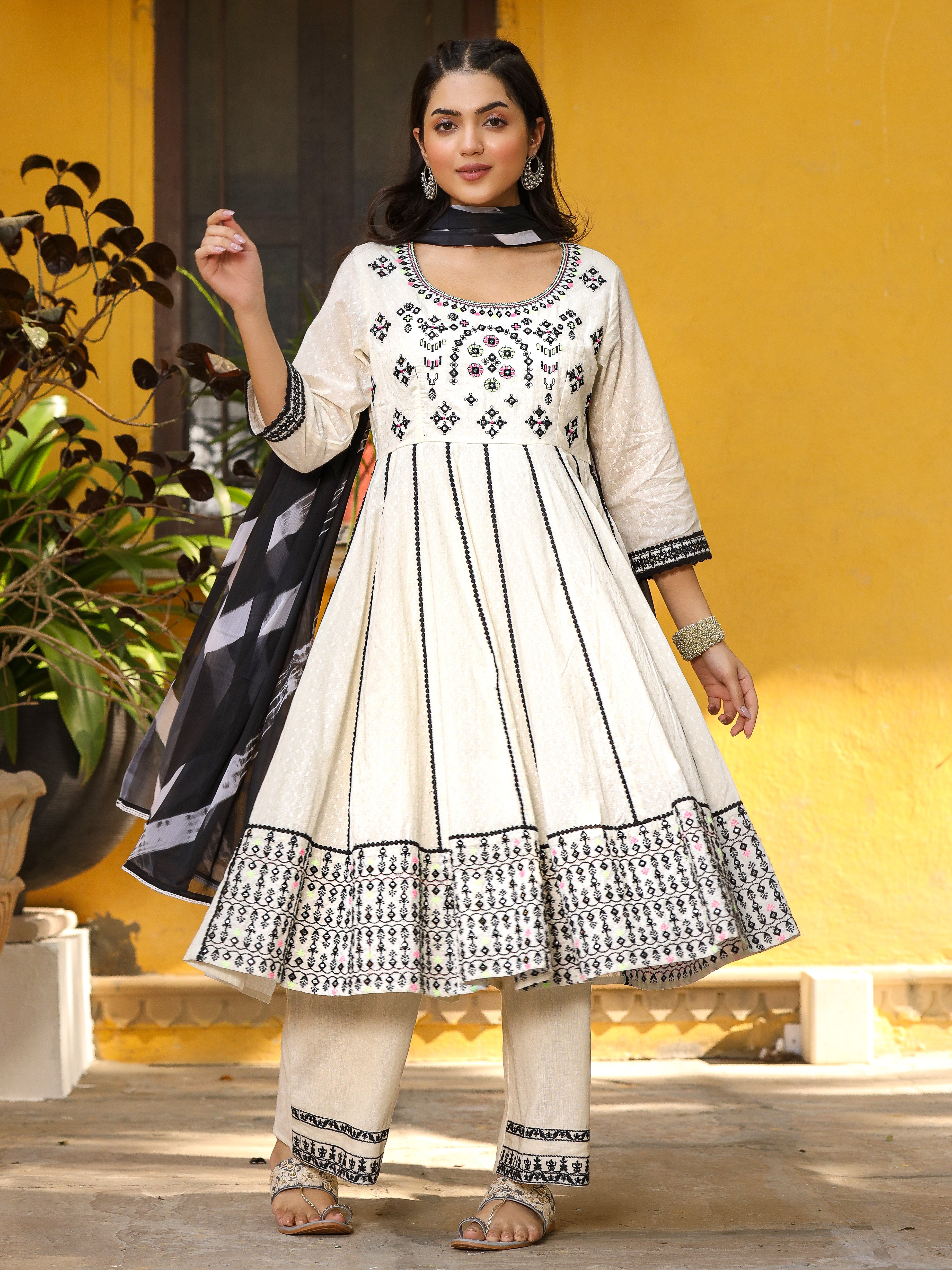 Juniper Black & White Cotton Embroidered Anarkali Kurta Pants & Dupatta Set
