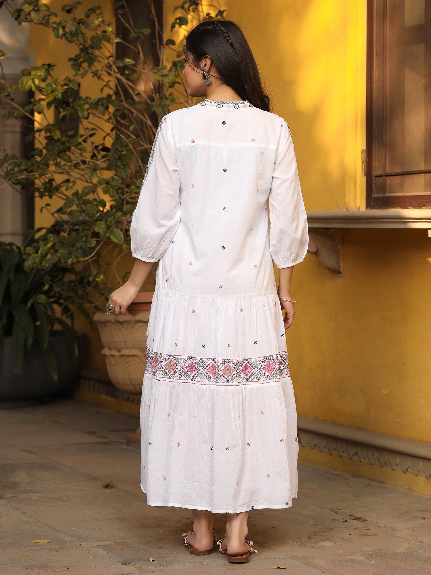 Juniper White Pure Cotton Tiered Maxi Dress With Multi-Colored Embroidery Work