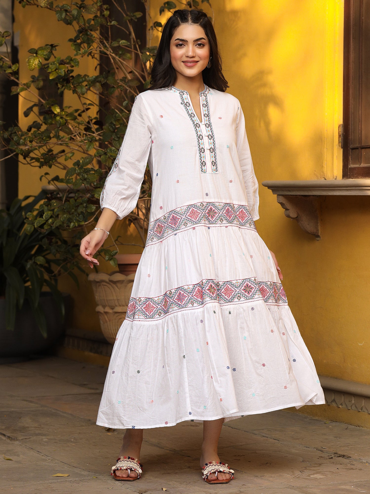 White Cotton Cambric Embroidered Tiered Maxi Dress