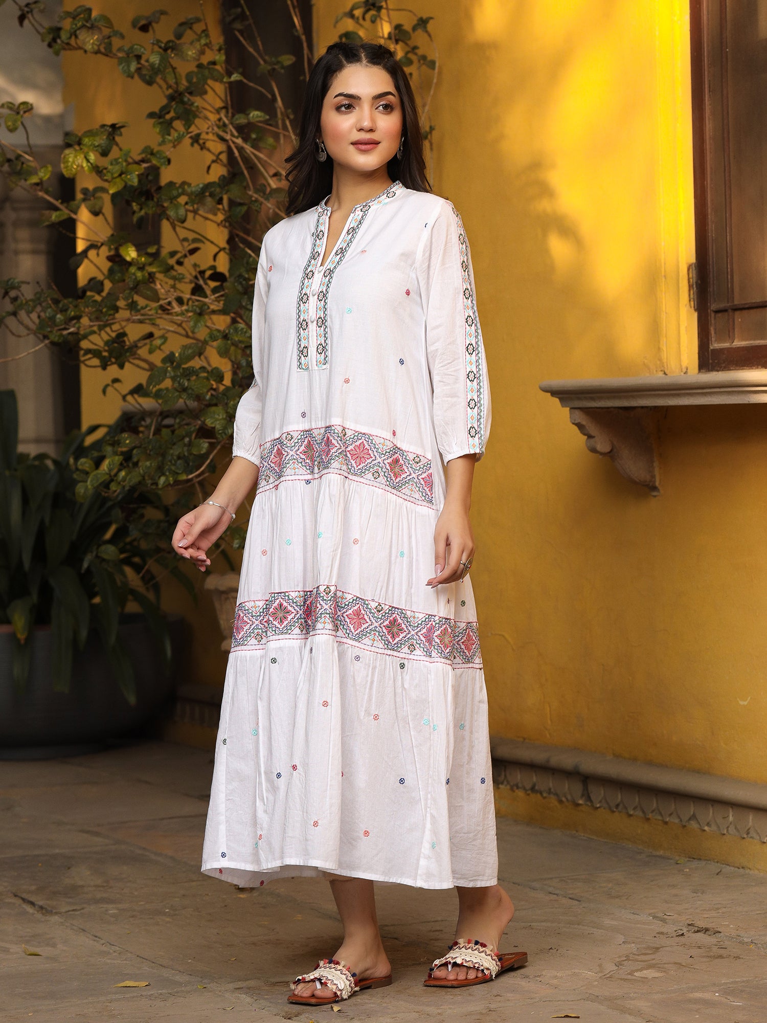 Juniper White Pure Cotton Tiered Maxi Dress With Multi-Colored Embroidery Work