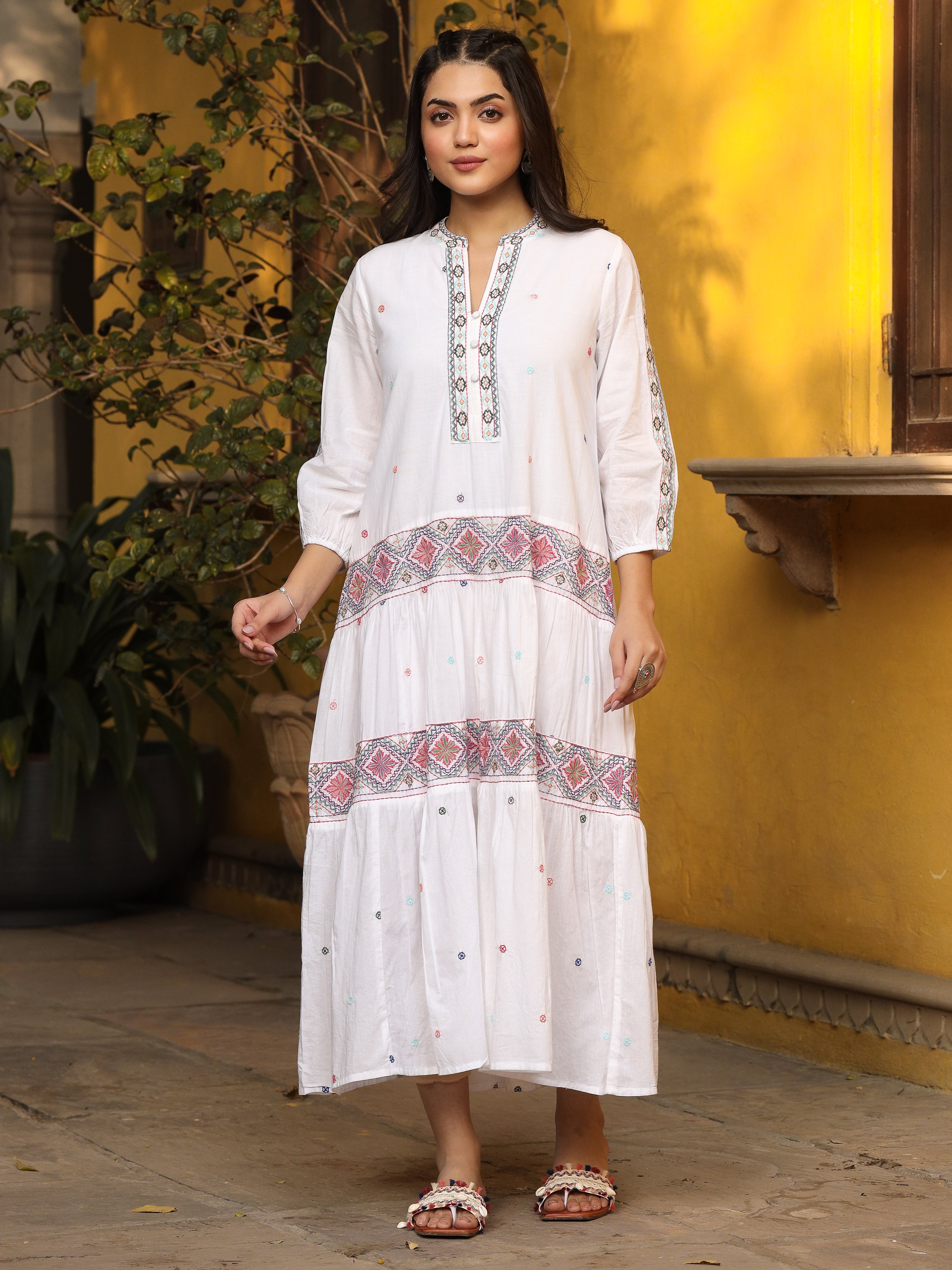 White Cotton Cambric Embroidered Tiered Maxi Dress