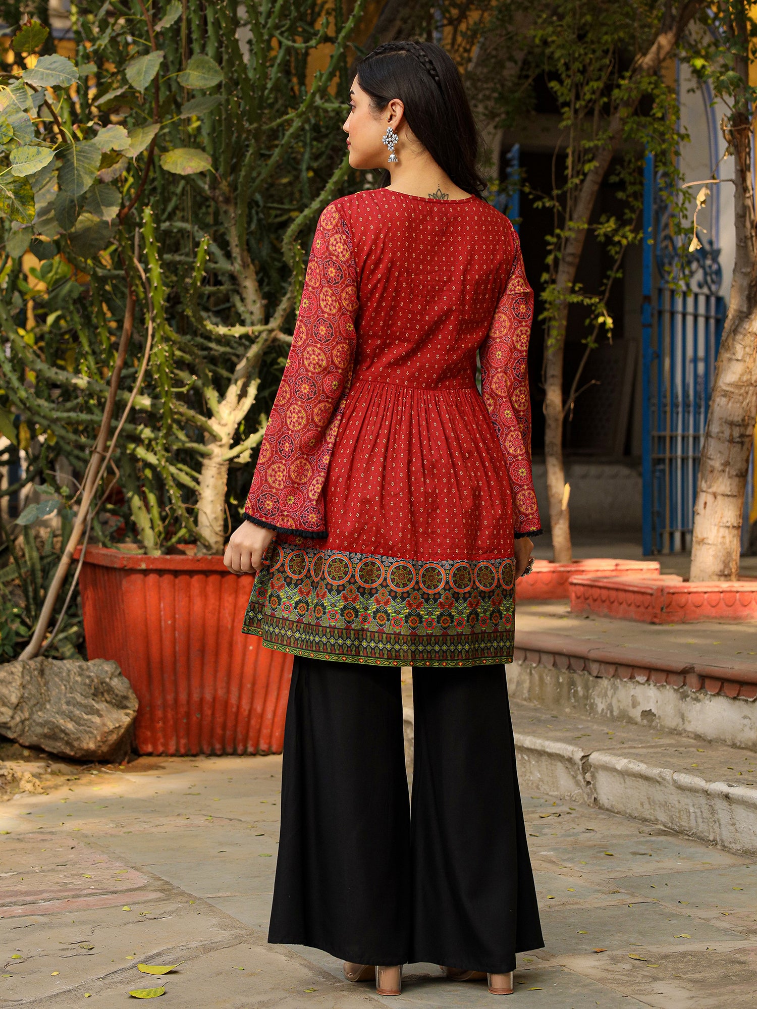 Juniper Rust Ethnic Motif Printed Cotton & Chiffon Peplum Tunic With Thread Embroidery & Tassels