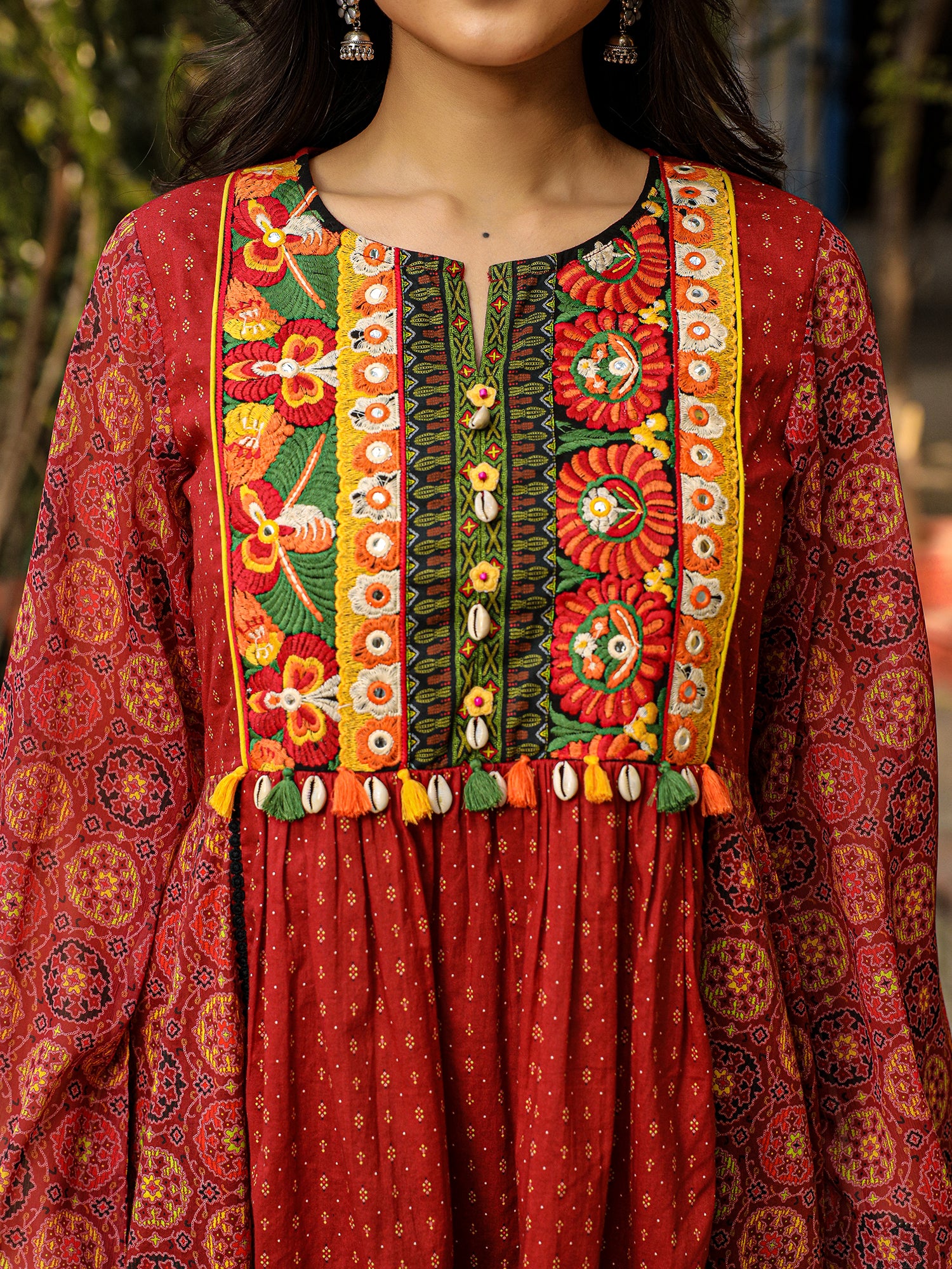 Juniper Rust Ethnic Motif Printed Cotton & Chiffon Peplum Tunic With Thread Embroidery & Tassels