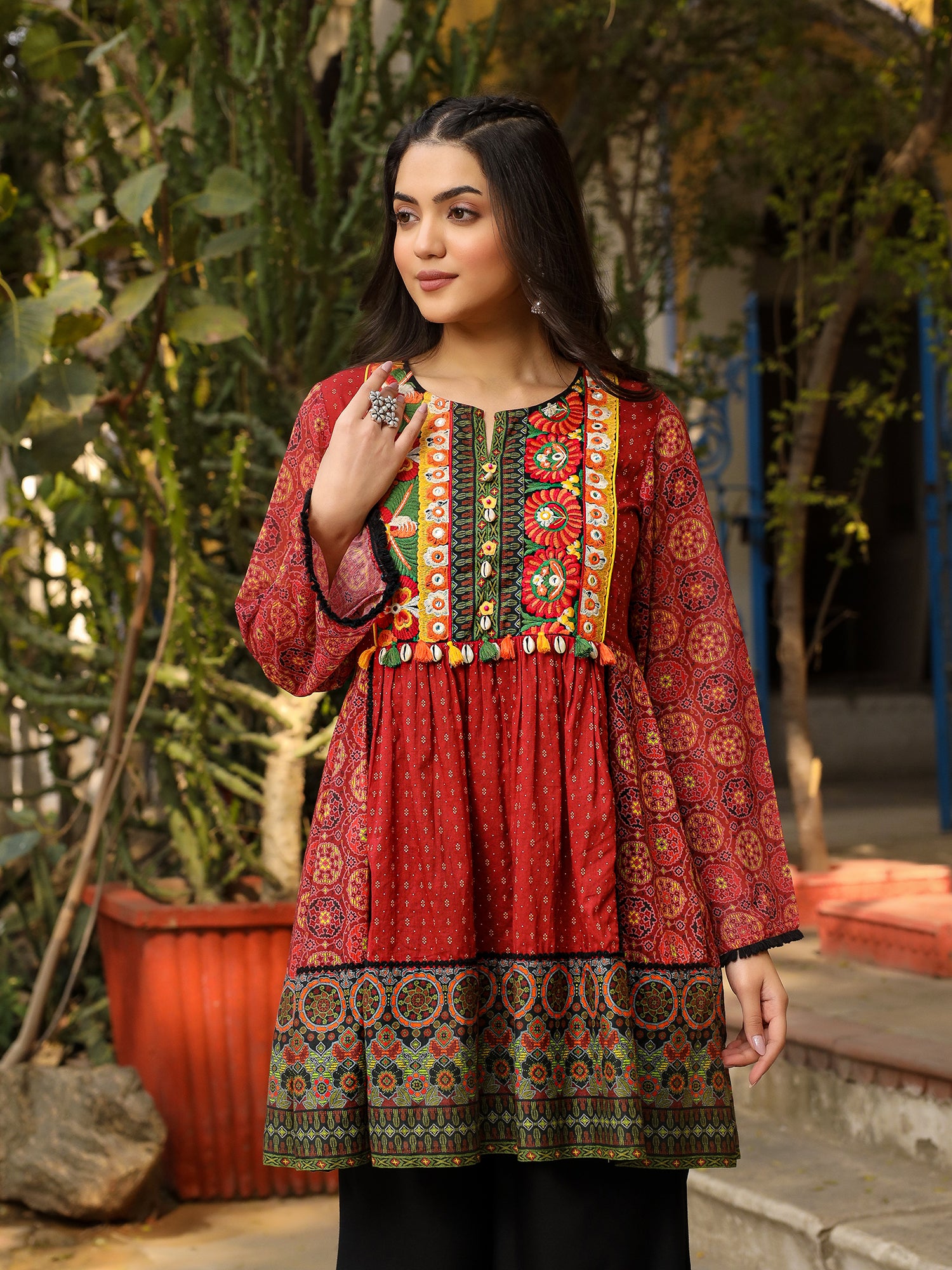 Juniper Rust Ethnic Motif Printed Cotton & Chiffon Peplum Tunic With Thread Embroidery & Tassels