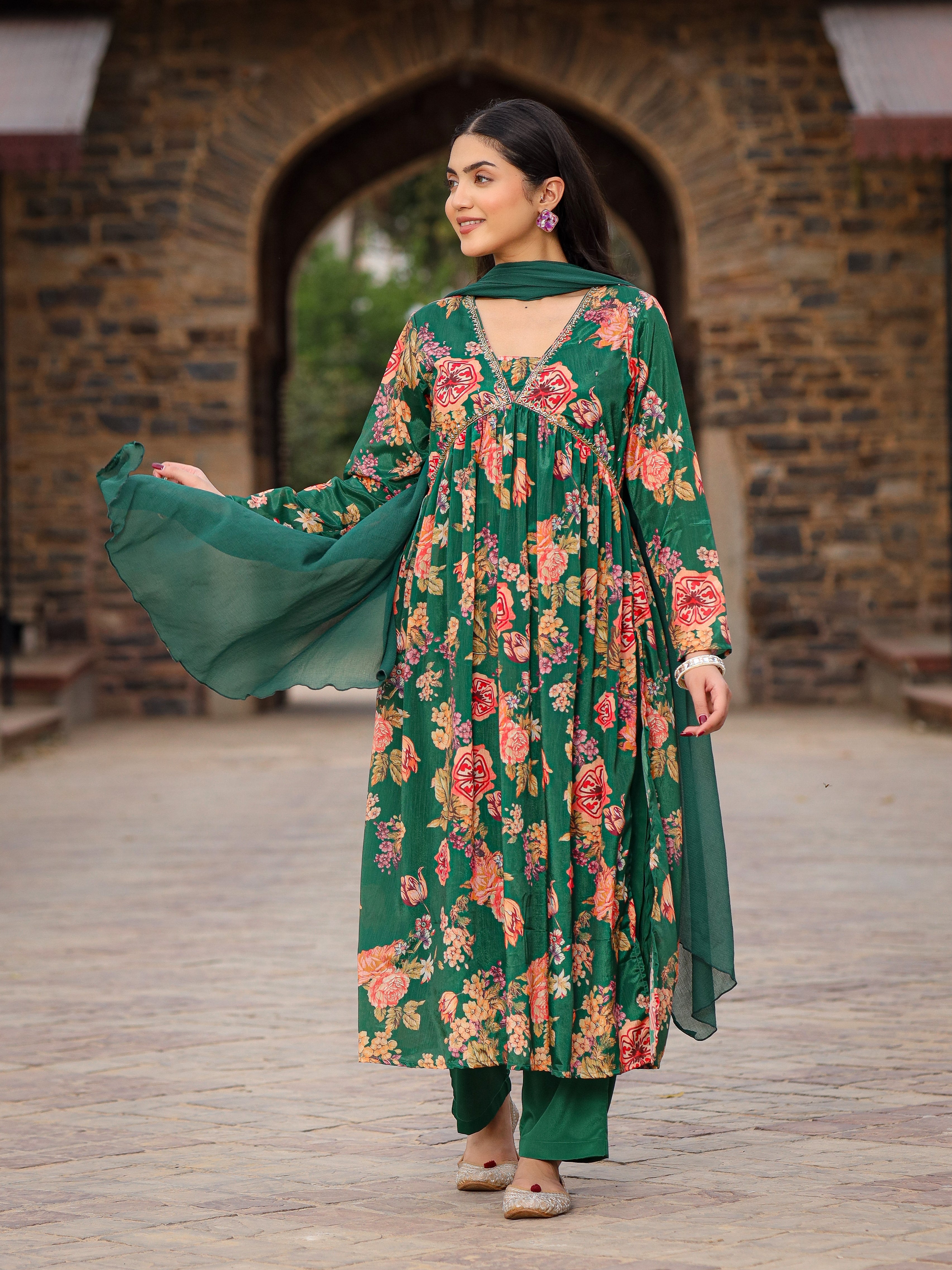 Juniper Green Floral Printed Poly Chinnon Kurta Pants & Dupatta Set With Mirror Work Embroidery