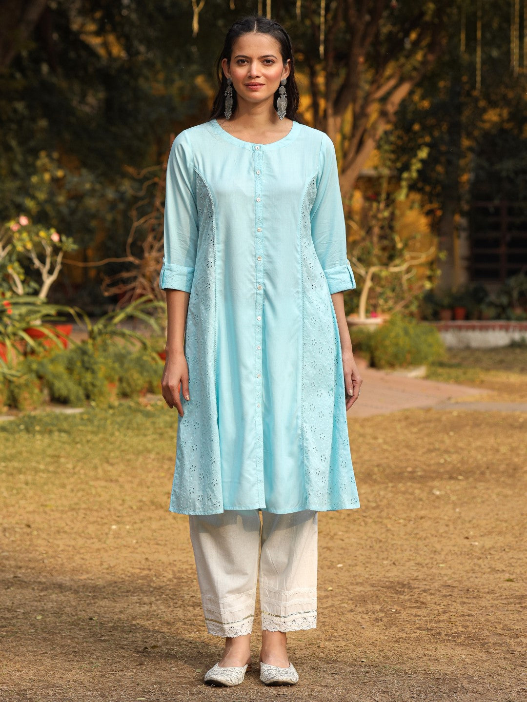 Powder Blue Solid A-Line Schiffli Kurta