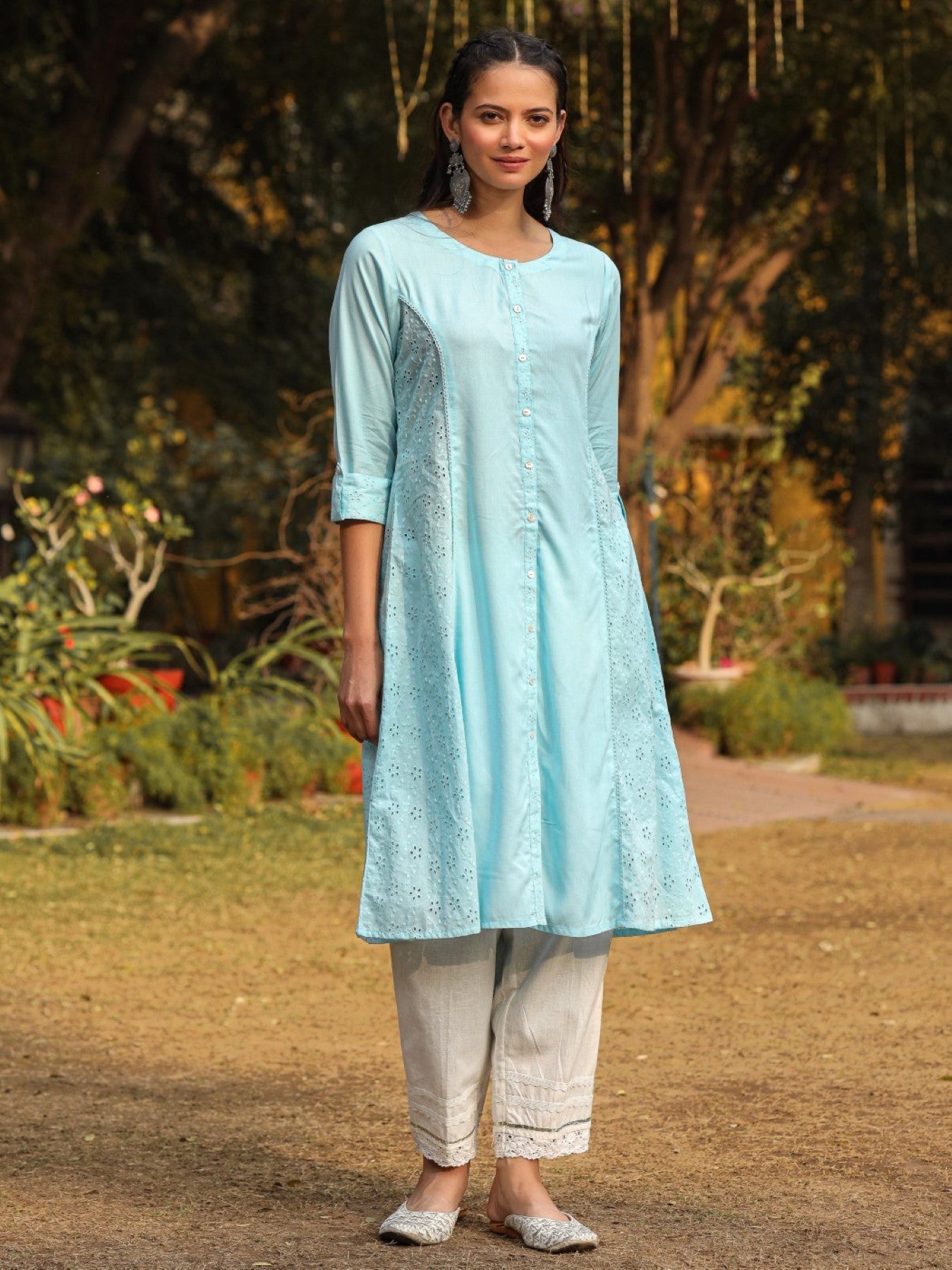 Powder Blue Solid A-Line Schiffli Kurta