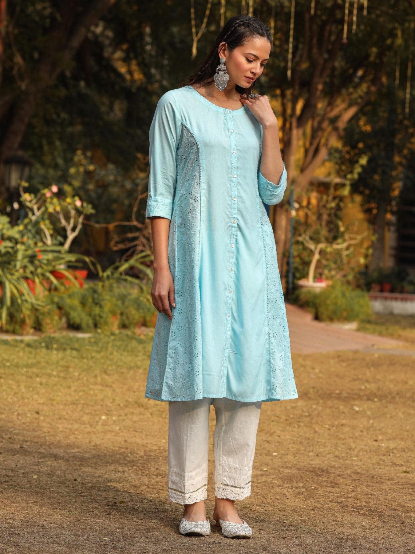 Powder Blue Solid A-Line Schiffli Kurta