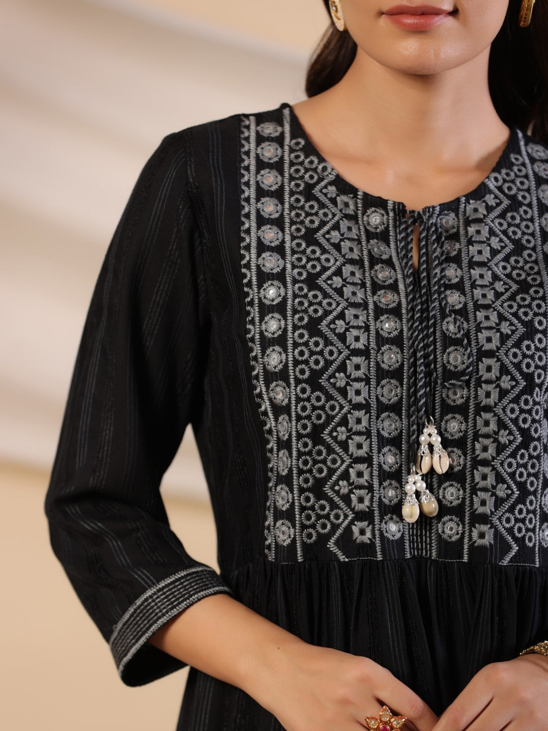 Juniper Women Black Rayon Embroidered Peplum Tunic