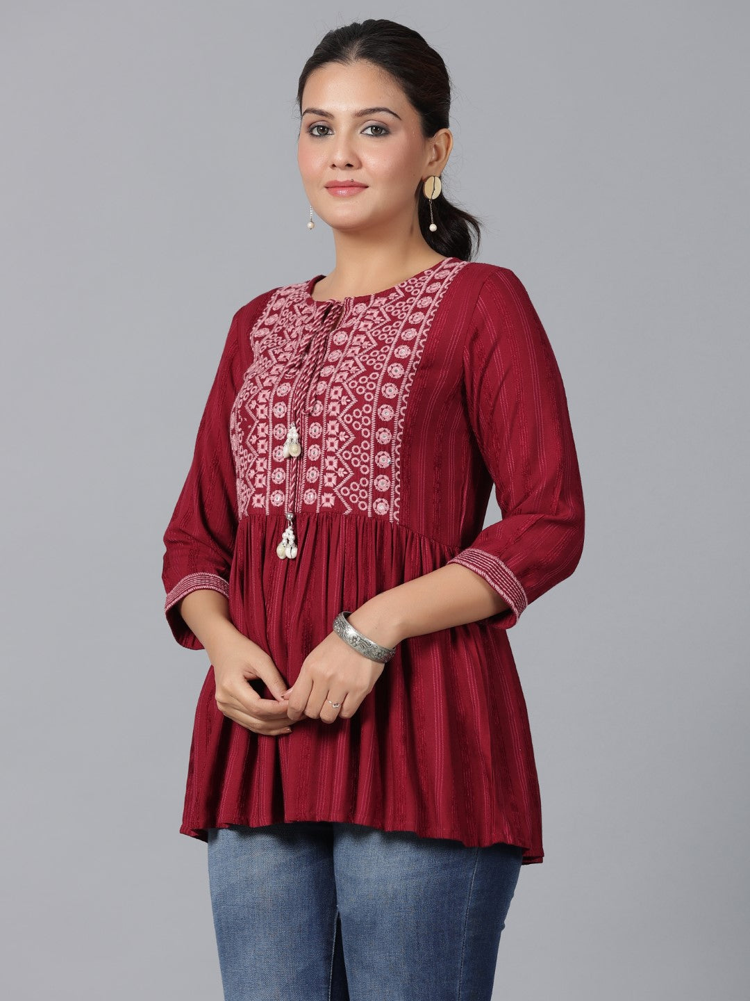 Juniper Maroon Geometric Printed Rayon Tunic With Thread Work