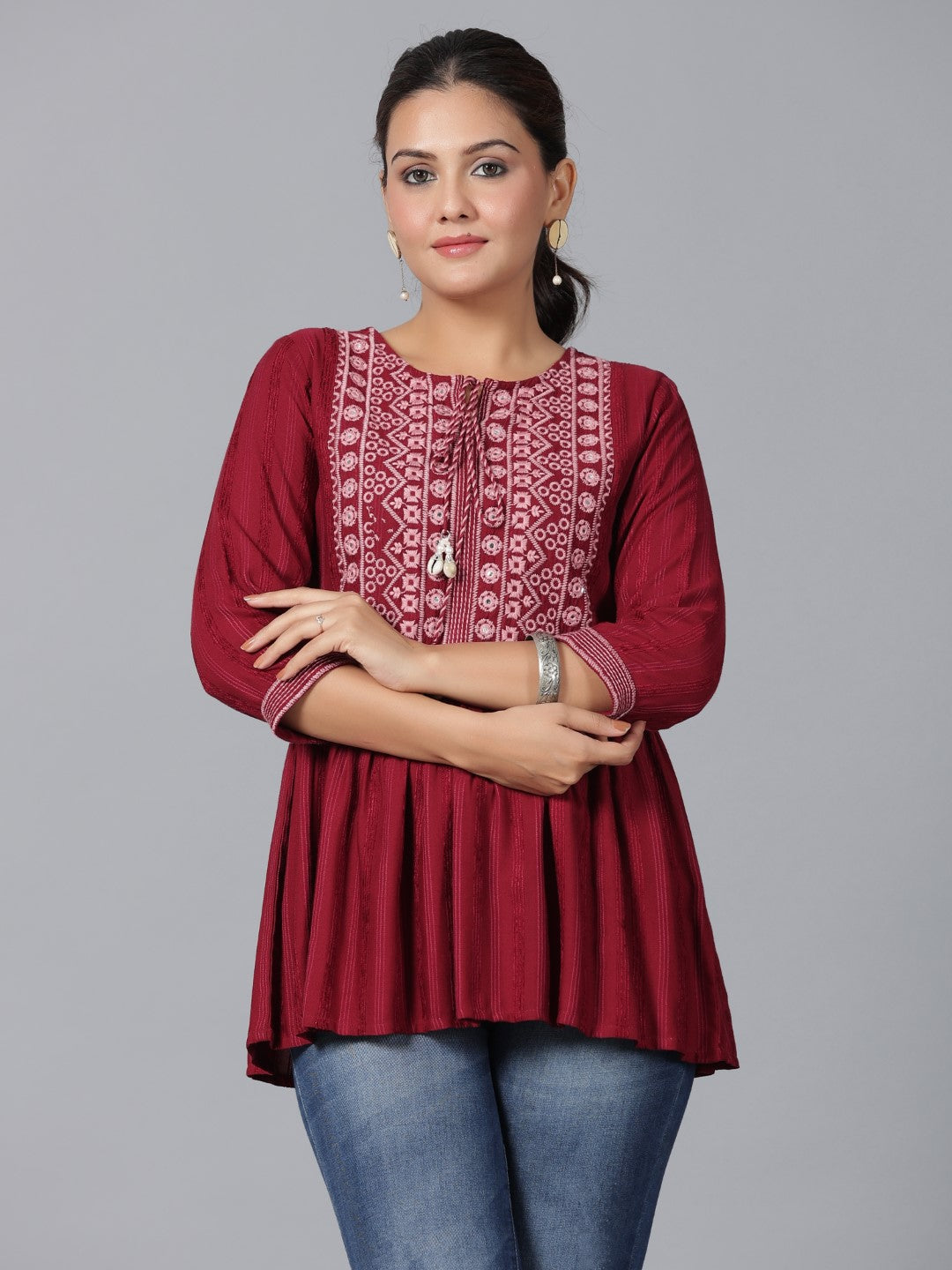 Juniper Maroon Geometric Printed Rayon Tunic With Thread Work