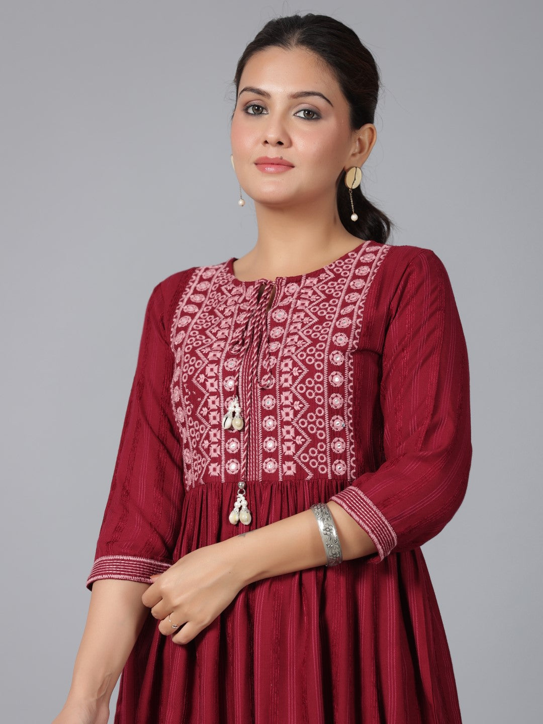 Juniper Maroon Geometric Printed Rayon Tunic With Thread Work