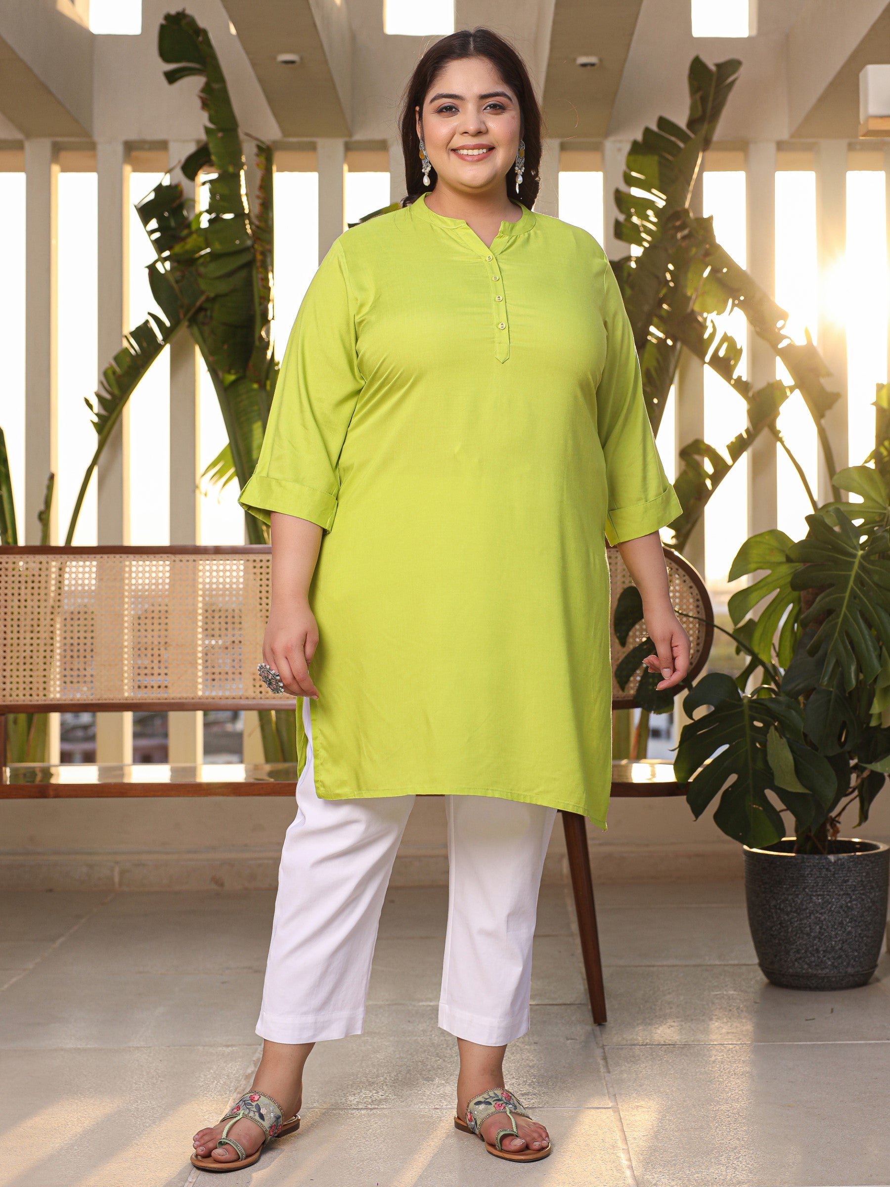 Juniper Lime Green Plus Size Straight Kurta Crafted With Rayon Fabric