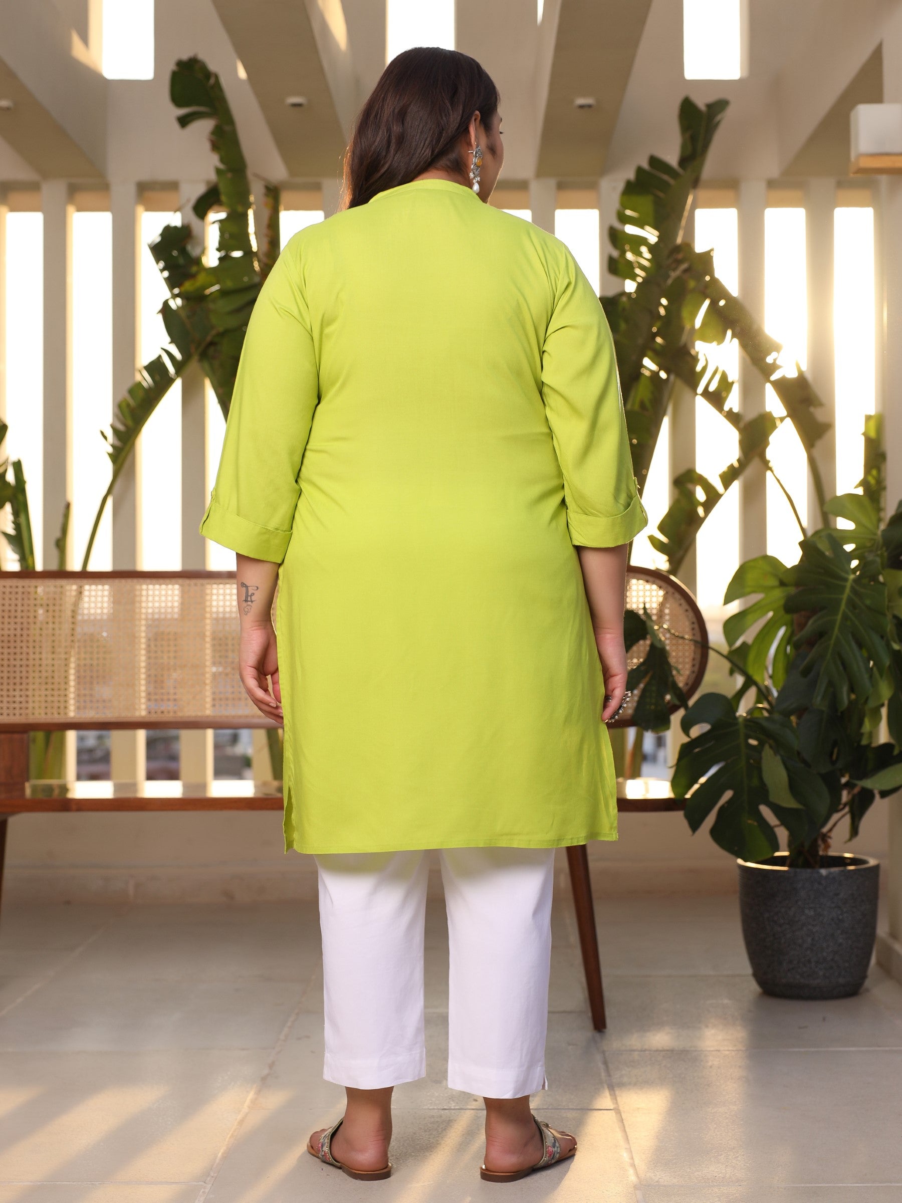 Lime Green Plus Size Straight Kurta Crafted With Rayon Fabric