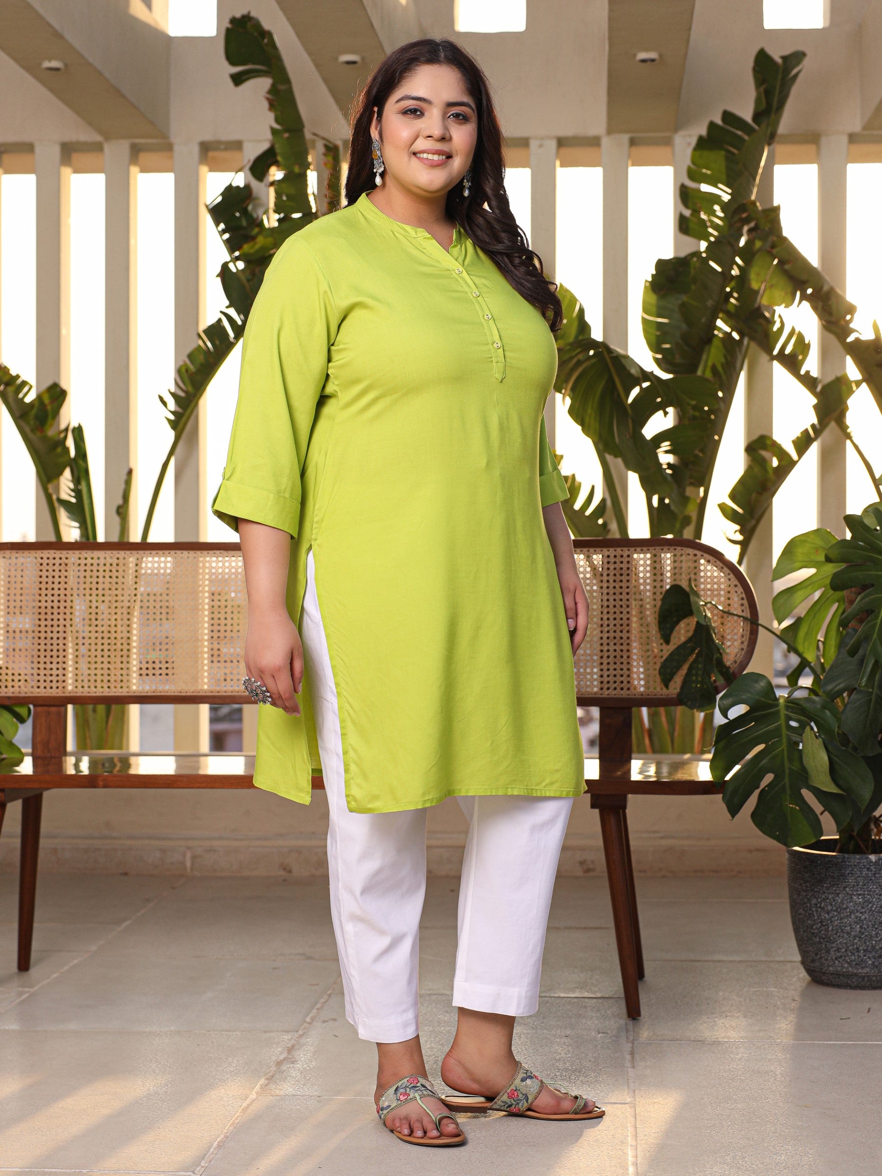 Juniper Lime Green Plus Size Straight Kurta Crafted With Rayon Fabric