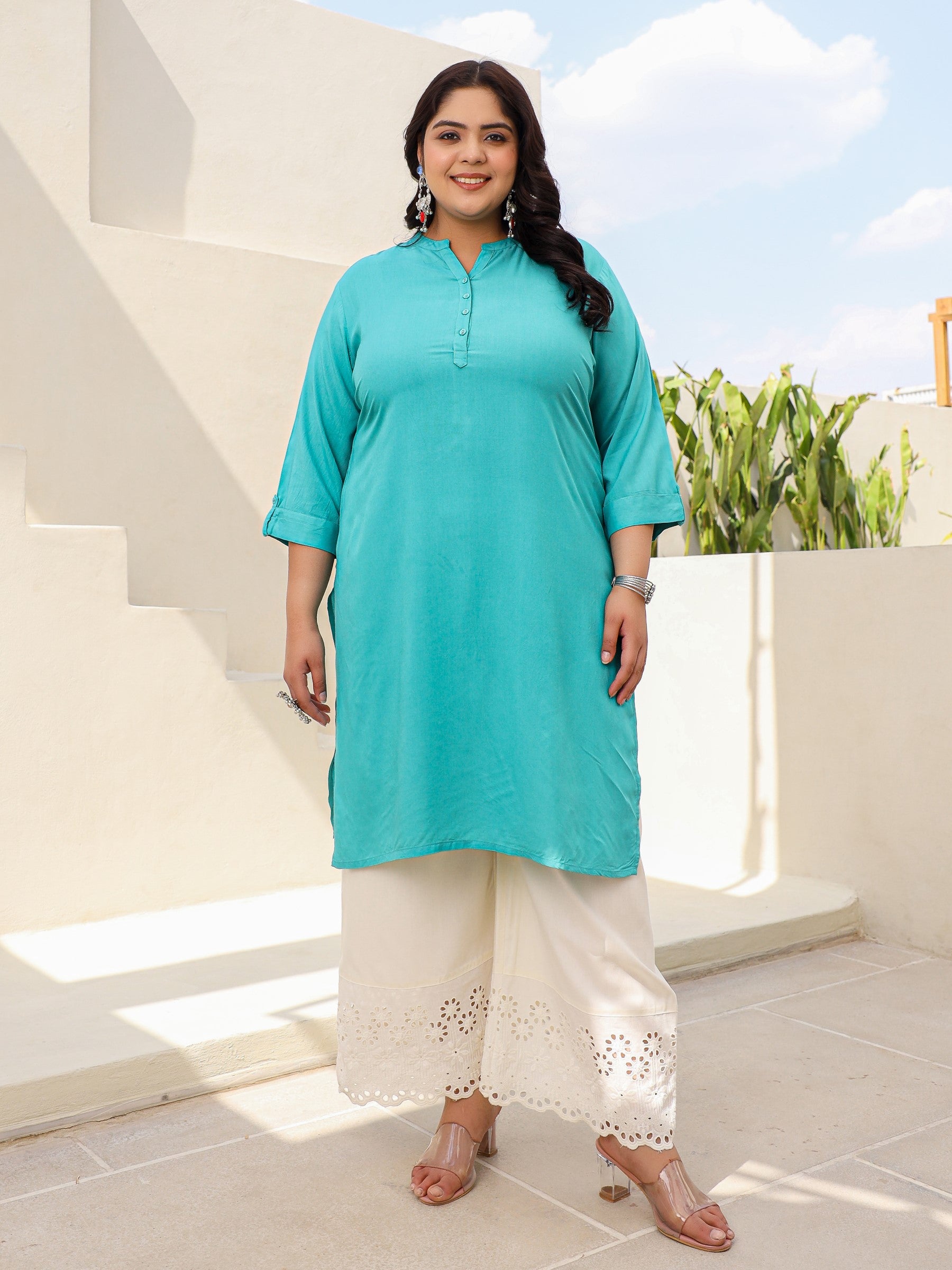 Teal Plus Size Straight Kurta Crafted With Rayon Fabric