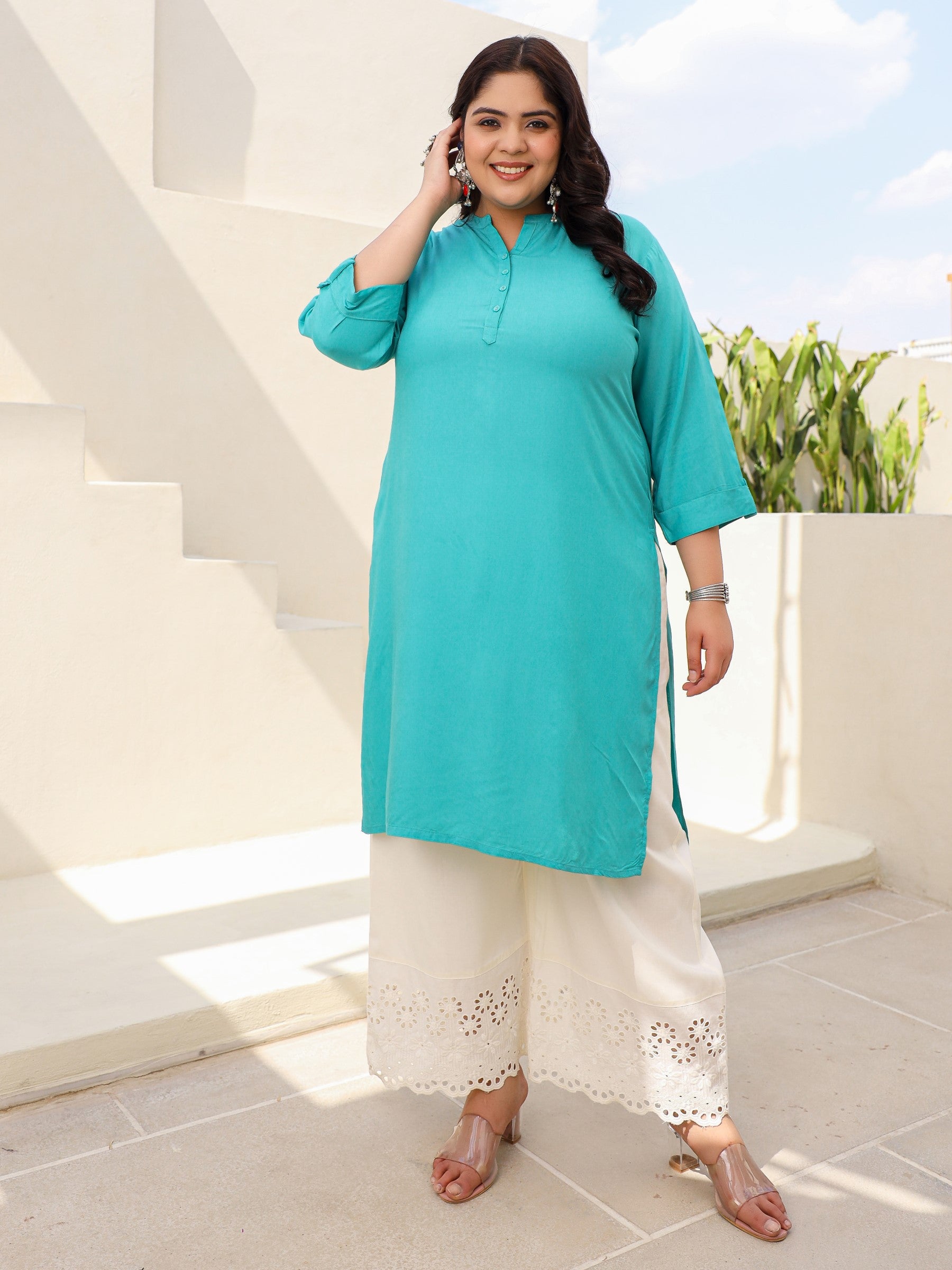 Juniper Teal Plus Size Straight Kurta Crafted With Rayon Fabric