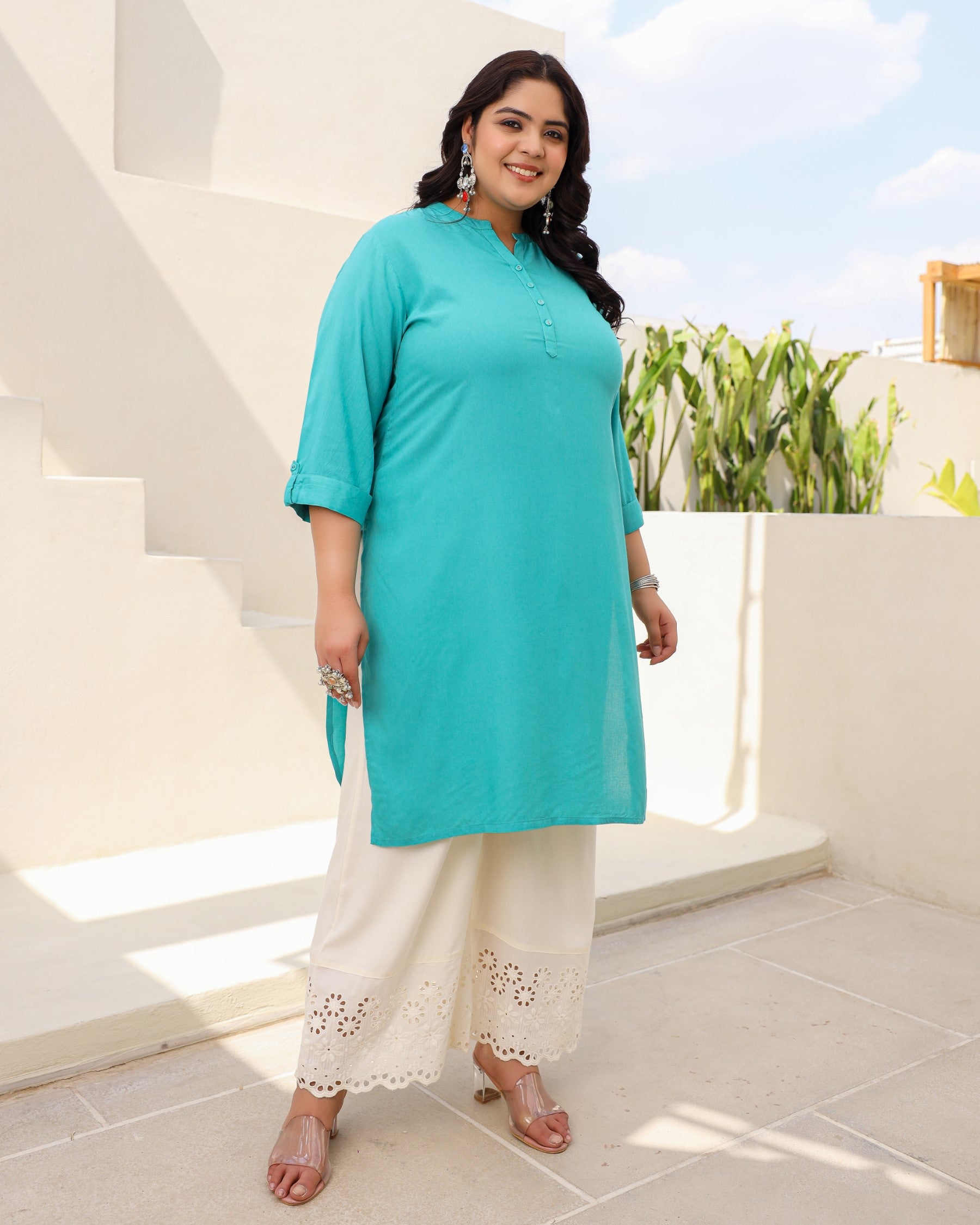 Juniper Teal Plus Size Straight Kurta Crafted With Rayon Fabric