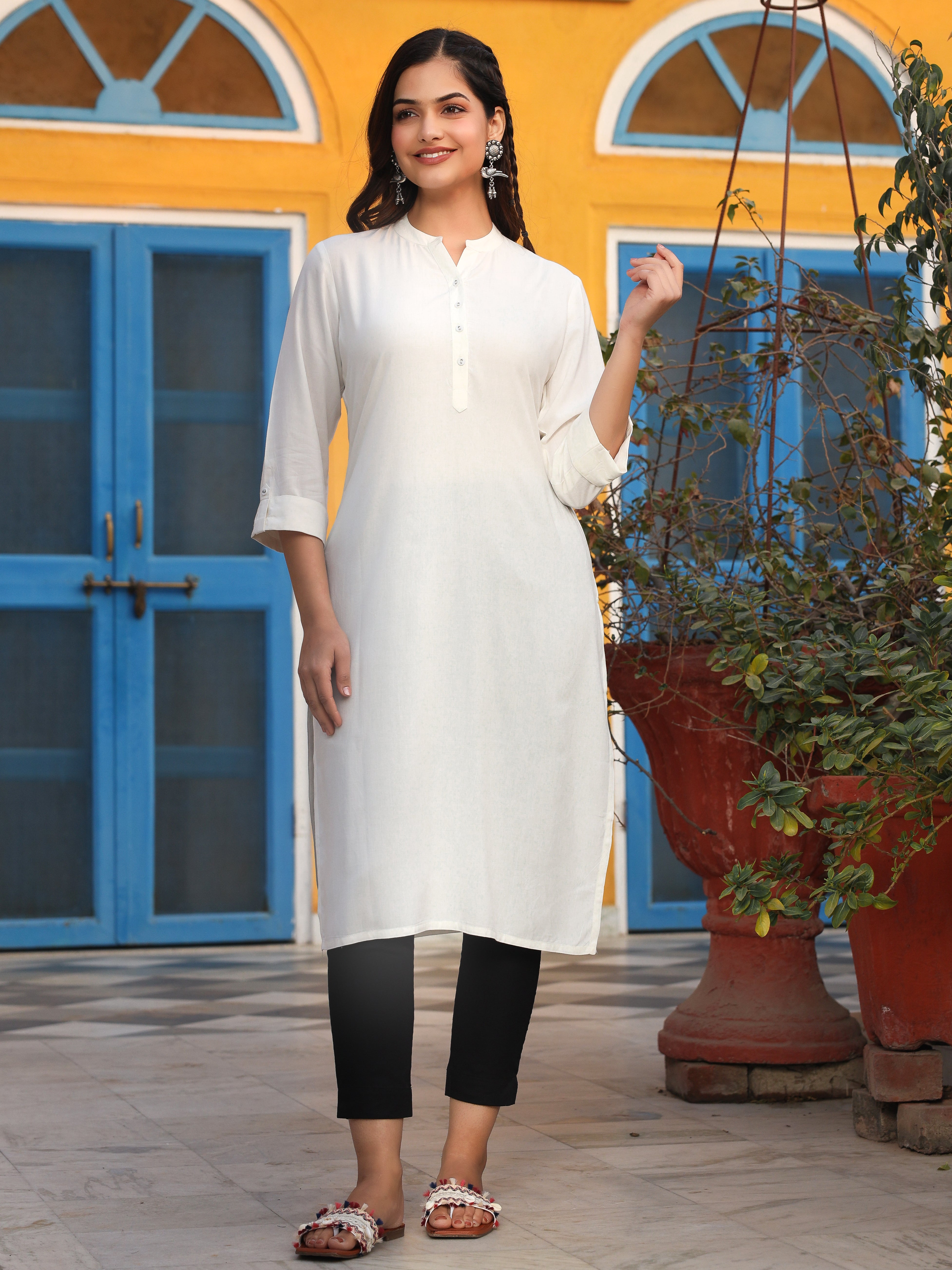 Juniper White Solid Modal Rayon Straight Kurta With Half Placket At Front